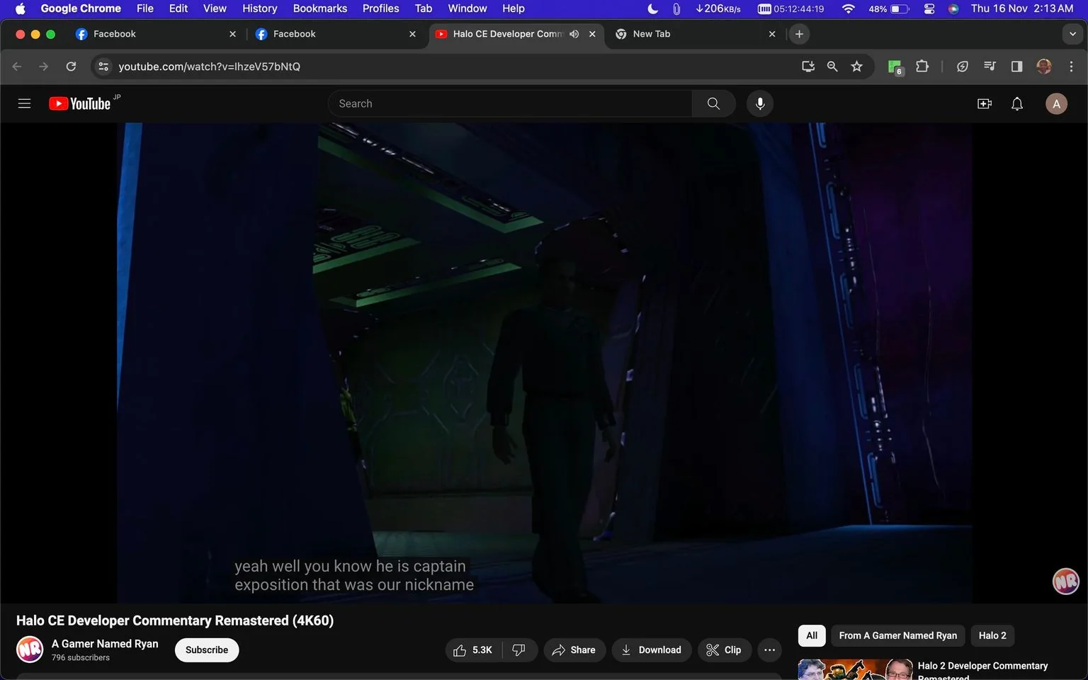 The image is a screenshot from a YouTube video titled "Halo CE Developer Commentary Remastered (4K60)" hosted on the channel "A Gamer Named Ryan." The video features commentary related to the game "Halo CE." In this particular frame, a character from the game is visible walking through a dimly lit corridor, likely part of the game's environment. The scene is bathed in dark and muted colors, with hints of blue and green lighting, creating a moody and atmospheric setting typical of sci-fi games like Halo.
The character appears to be in military attire, suggesting a connection to the game's storyline involving space marines. The on-screen subtitles read, "yeah well you know he is captain exposition that was our nickname," indicating a humorous commentary possibly about a character known for providing narrative exposition. The video is categorized under gaming and commentary, with a focus on remastered footage in high resolution, as emphasized by the "4K60" in the title. The layout includes standard YouTube player features like the subscribe button, video likes, share options, and viewer statistics.