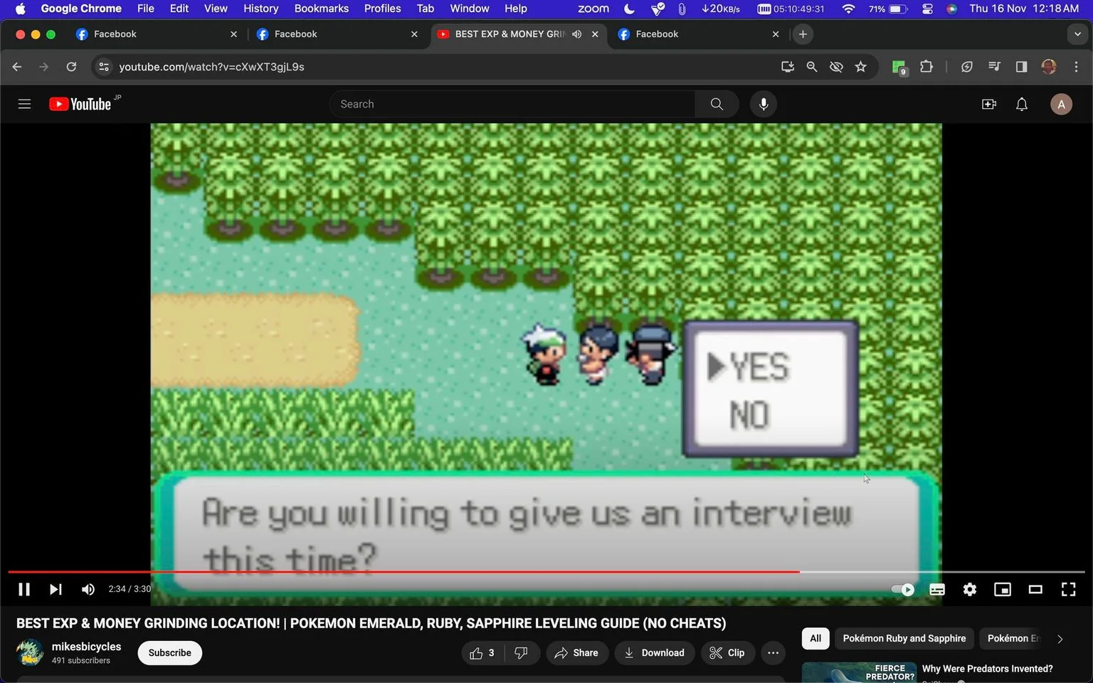 The video frame is from a YouTube video titled "BEST EXP & MONEY GRINDING LOCATION! | POKEMON EMERALD, RUBY, SAPPHIRE LEVELING GUIDE (NO CHEATS)" on the channel "mikesbicycles." It features a scene from the video game "Pokemon Emerald," also relevant to "Pokemon Ruby" and "Pokemon Sapphire." The setting is outdoors within the game's pixel art style, depicting a character standing on a grassy path next to two NPCs (non-player characters). The main character, with distinctive white hair and wearing a black outfit, is being prompted with a dialogue box asking, "Are you willing to give us an interview this time?" Below the question, options "YES" and "NO" are displayed. This scene is typical of the game’s mechanics, where players interact with characters for various in-game events. The background shows lush green foliage characteristic of the game's environment, emphasizing the game's vibrant color palette and retro graphics. The video provides guidance on gameplay strategies without using cheats, catering to fans seeking to enhance their experience and money grinding skills in the game. The video frame also shows browser tabs and navigation elements, indicating this is a screengrab from a web browser.