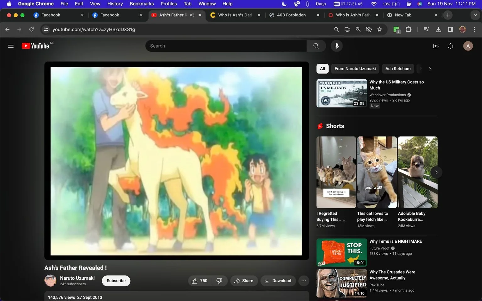 The screenshot depicts a YouTube video titled "Ash's Father Revealed!" on the channel "Naruto Uzumaki." The video is related to the animated series featuring the character Ash Ketchum, known from the Pokémon franchise. The image shows an animated scene with a character that resembles Ash Ketchum on the right, excitedly looking towards a man standing with a Rapidash, a Pokémon with a fiery mane. The man is gently petting the Rapidash, suggesting a connection or bond. The background is a forested area, giving the scene a natural, outdoor setting. The colors are vivid, with the flames of Rapidash prominently displayed, adding a dynamic element to the scene. The video has amassed 143,576 views as of September 27, 2013. Various tabs and browser elements are visible at the top of the screen, indicating that this is a screenshot from a web browser.