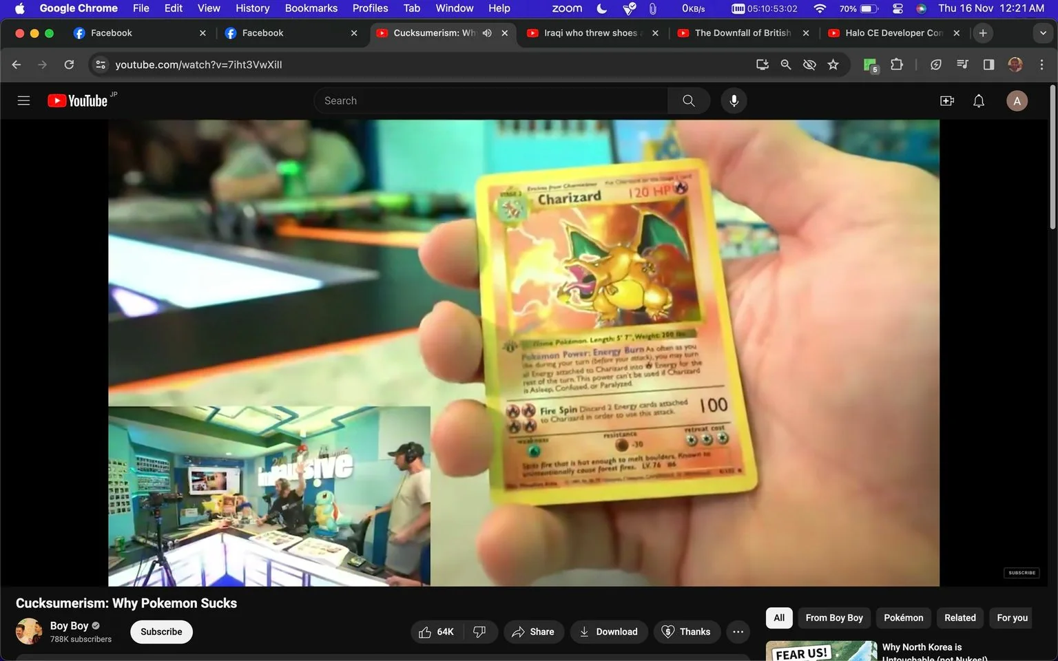 In the screenshot, a hand is prominently displaying a Charizard Pokémon card. The card is part of the original Pokémon trading card game, featuring the image of Charizard, along with text that includes "120 HP" and "Fire Spin." The setting appears to be an indoor studio, with bright lighting and a modern setup. Inset at the bottom left, there is a smaller video feed showing a group of people at a podcast-style table setup, with a large sign reading "impulsive" in the background. The video is hosted on YouTube, and the channel is named "Boy Boy." The video title is "Cucksumerism: Why Pokemon Sucks," indicating a critique or satirical take on the Pokémon franchise. The setting suggests a discussion or debate about the topic, with equipment like cameras and microphones visible in the inset, contributing to a professional and engaging atmosphere.
- Title: "Cucksumerism: Why Pokemon Sucks"
- Channel / profile: "Boy Boy"
- Site / app: "YouTube"