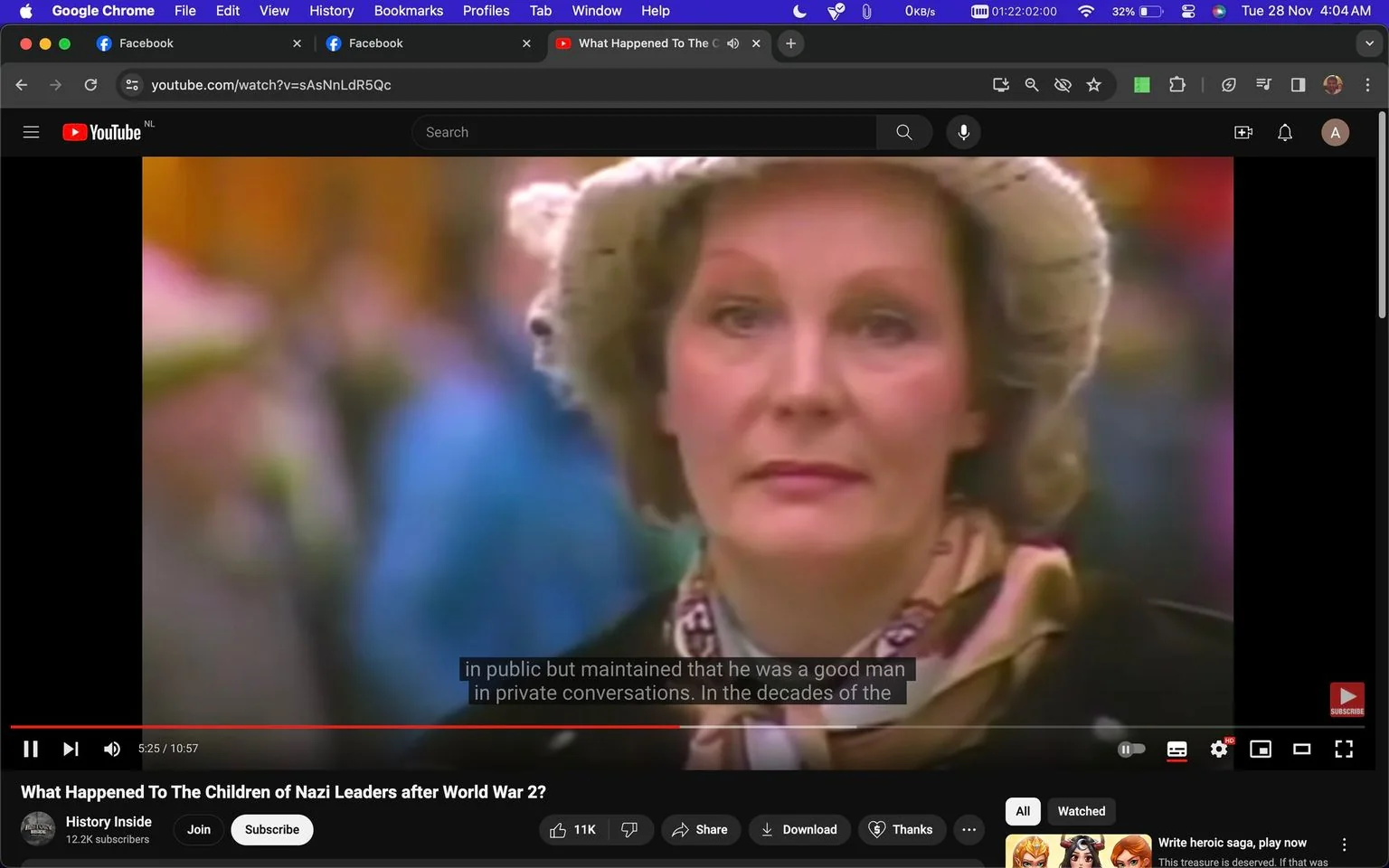 The screenshot is from a YouTube video titled "What Happened To The Children of Nazi Leaders after World War 2?" on the channel "History Inside." The video appears to be a documentary exploring the lives of the descendants of Nazi leaders post-World War II. The image captures a middle-aged woman in an outdoor setting, possibly being interviewed. She wears a light-colored hat and scarf, with a neutral expression on her face against a blurred background of other people, suggesting a public location. The subtitles at the bottom read: "in public but maintained that he was a good man in private conversations. In the decades of the." The video seems to delve into historical narratives, focusing on personal stories and the aftermath of the war. The visual tone is somewhat somber, fitting the serious subject matter of the documentary.
- Title: "What Happened To The Children of Nazi Leaders after World War 2?"
- Channel / profile: "History Inside"
- Site / app: "YouTube"
- Captions / subtitles: "in public but maintained that he was a good man in private conversations. In the decades of the"