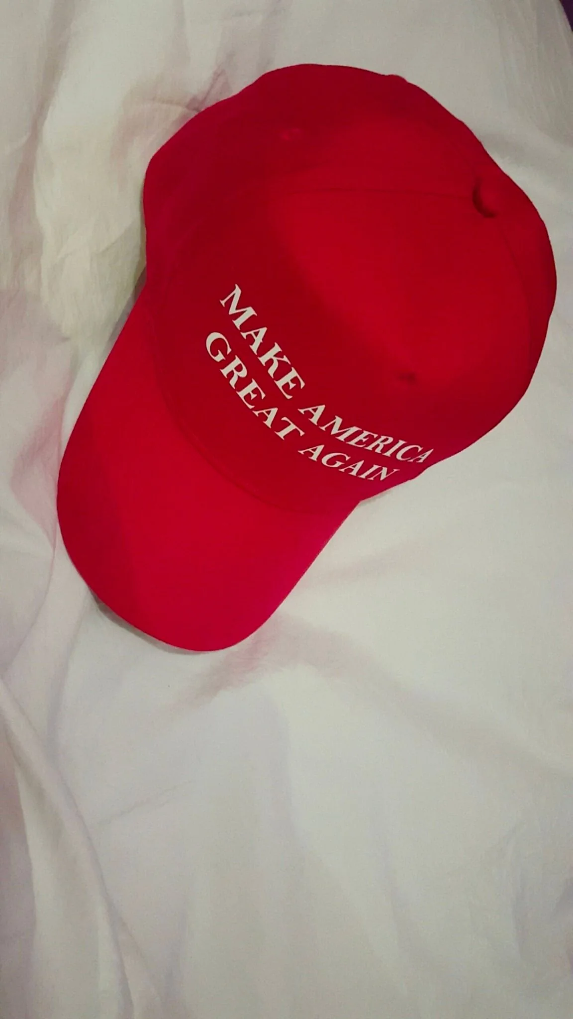 The image showcases a red baseball cap with the slogan "MAKE AMERICA GREAT AGAIN" embroidered in white uppercase letters prominently on the front. The cap is placed on a plain white surface, which contrasts starkly with its vibrant red color. The lighting is soft and even, highlighting the texture and structure of the cap. The composition is simple, with the cap tilted slightly to the side, drawing attention to the text. This style of cap is widely recognized and associated with political campaigns in the United States. The white text is bold and easily readable, making the message clear and central to the image's purpose. The overall mood is straightforward, focusing on the cap as a significant cultural and political symbol.