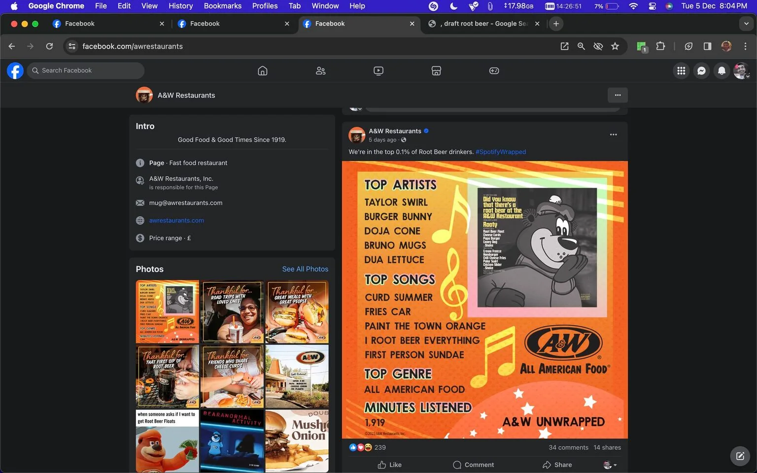 The screenshot depicts a Facebook page for A&W Restaurants. The interface shows the classic Facebook layout with a dark theme, including navigation and tabs at the top. On the left, there's a brief introduction to A&W Restaurants, mentioning "Good Food & Good Times Since 1919." Below this, the contact email and website are listed, along with a price range symbolized by a pound sign.
On the right side, a post by A&W Restaurants is highlighted, featuring a playful "A&W Unwrapped" graphic mimicking the style of Spotify Wrapped. It humorously lists fictional top artists and songs related to the brand, such as "TAYLOR SWIRL" and "BURGER BUNNY," along with songs like "CURD SUMMER" and "FRIES CAR." The post playfully claims they're in the top 0.1% of root beer drinkers, using the hashtag #SpotifyWrapped. The orange and yellow color scheme adds a vibrant contrast, drawing attention to the post. An illustrated bear character, associated with A&W branding, is depicted on the graphic, adding to the lighthearted theme.