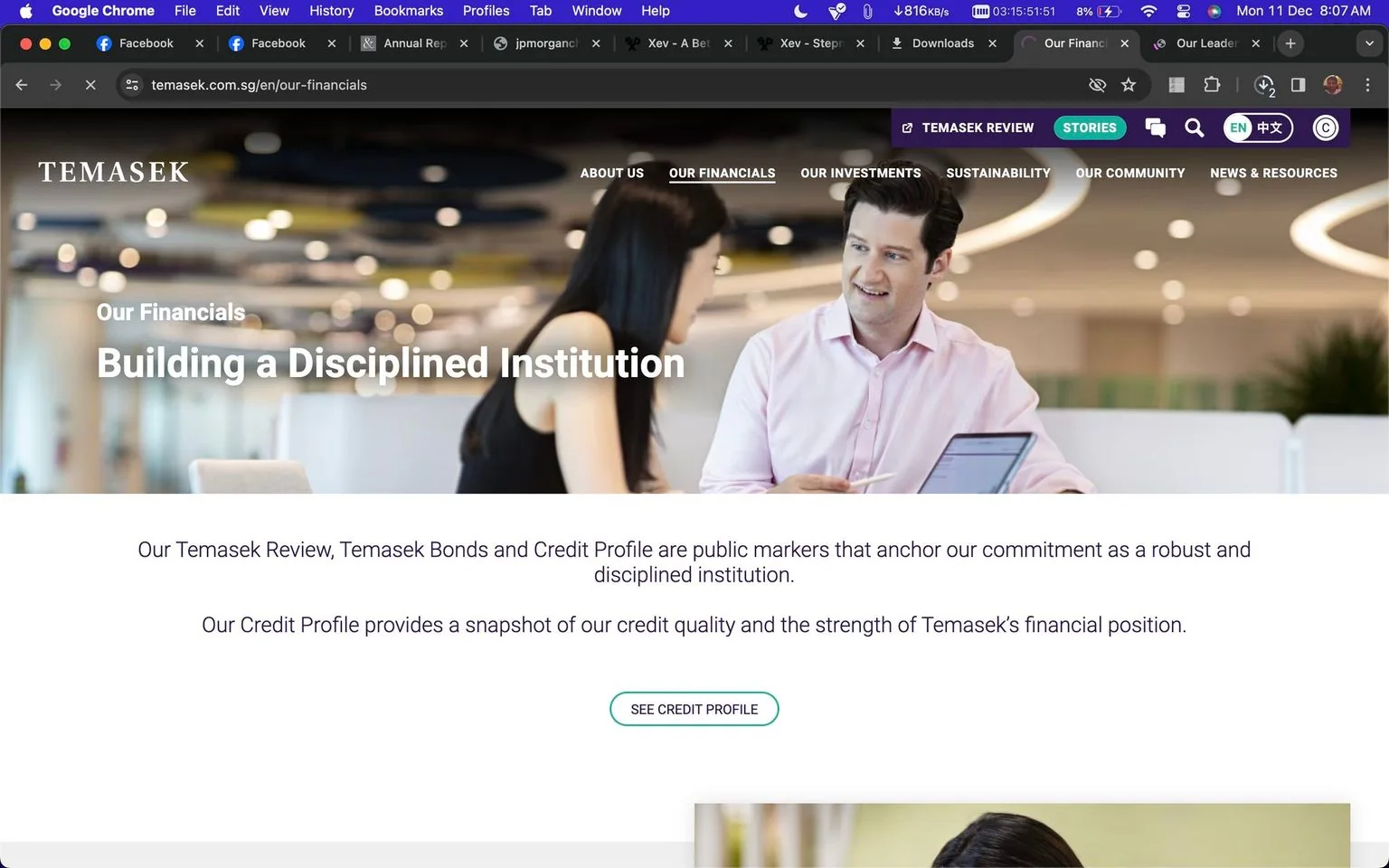 The image is a screenshot from the website temasek.com.sg, showcasing the financial section of Temasek's site. The title text, "Building a Disciplined Institution," is prominently displayed, emphasizing Temasek's commitment to financial robustness and discipline. The background features an office setting with modern, sleek design elements, including blurred lighting fixtures, suggesting a professional and corporate environment. In the foreground, two individuals are engaged in a discussion. One person, wearing a black top, is facing a man in a light pink shirt, suggesting a business meeting or consultation. The expressions are congenial and focused, indicating a collaborative atmosphere. The website offers information about Temasek's financial reviews, bonds, and credit profiles, underpinning their commitment to transparency and financial strength. A button labeled "SEE CREDIT PROFILE" invites further exploration of their financial documentation. The overall tone is professional and informative, with a sleek and modern aesthetic.