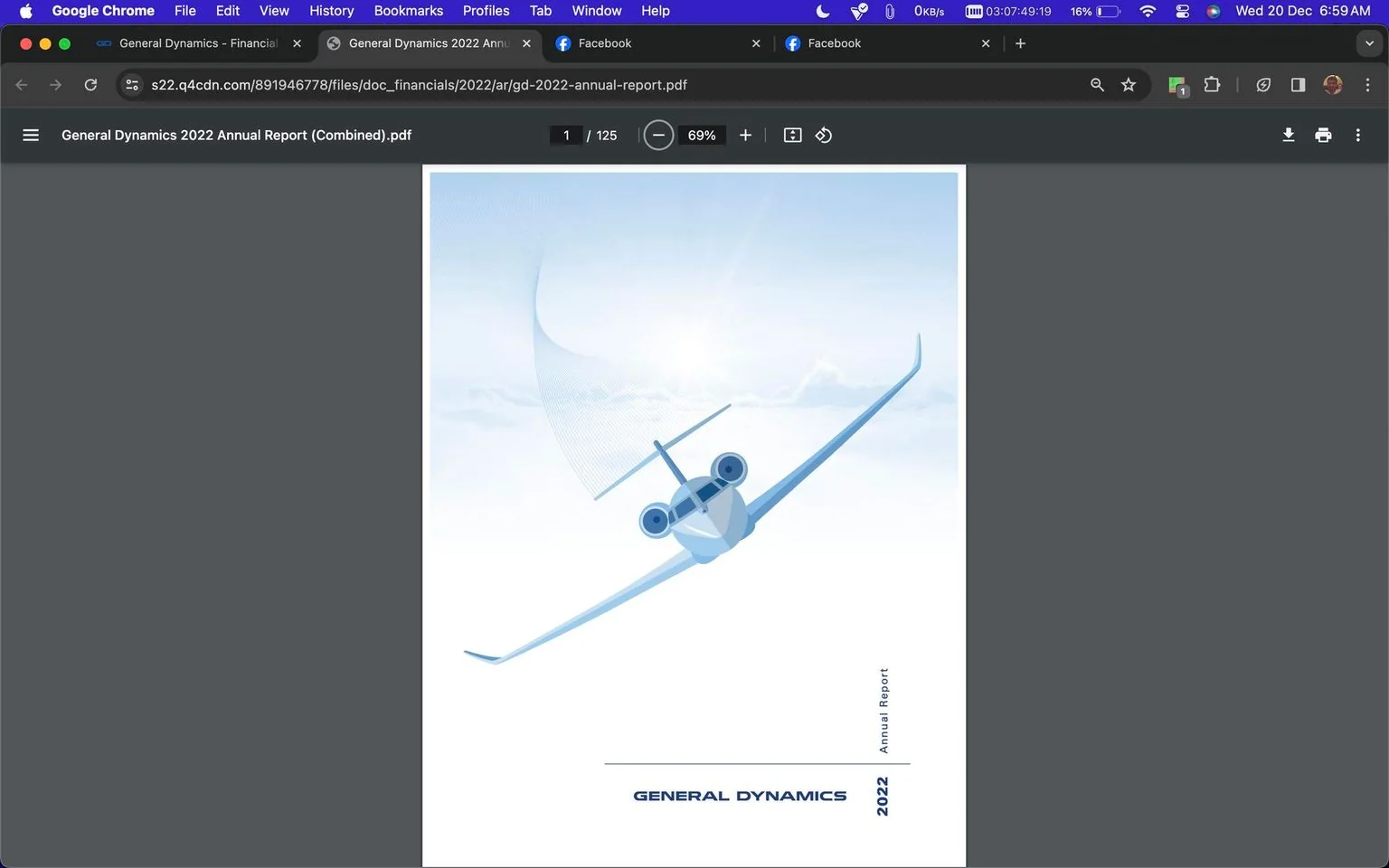 The image is a screenshot of a PDF document opened in Google Chrome. It displays the cover page of the "General Dynamics 2022 Annual Report." The cover features a stylized illustration of an airplane soaring upwards against a sky backdrop, giving a sense of motion and innovation. The airplane is depicted in light blue tones, which contrasts against the soft white and blue gradient of the sky.
The document header in the browser indicates it is a PDF file named "General Dynamics 2022 Annual Report (Combined).pdf." The branding "GENERAL DYNAMICS" is prominently featured at the bottom of the page in bold, dark blue text, alongside the year "2022" and the words "Annual Report" aligned vertically. The overall design is clean and modern, with a focus on the aerospace aspect of the company's operations. The browser interface shows typical navigation and tool options, such as zoom controls and a download button, indicating that this is a digital viewing of the report.