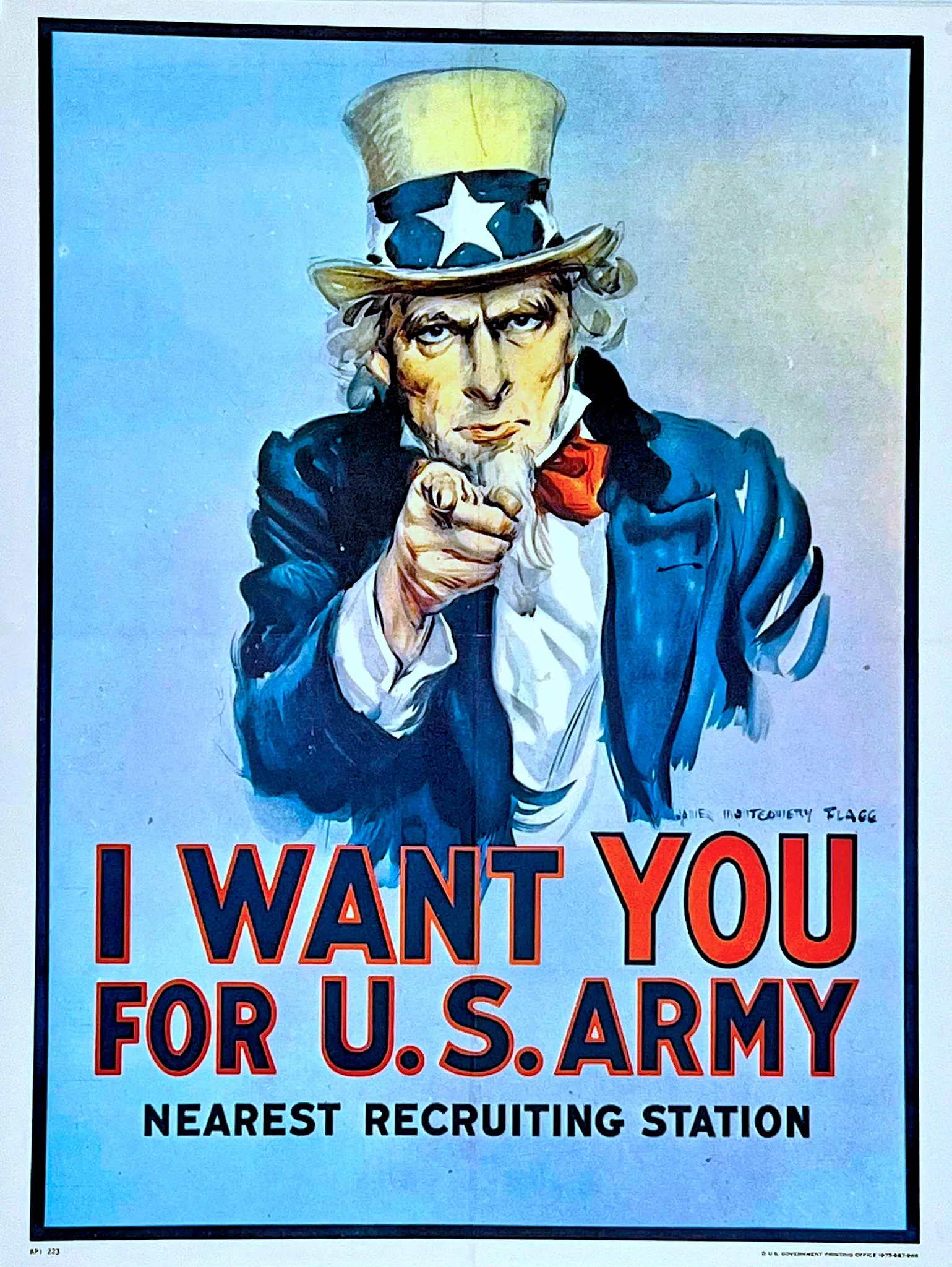 1) Rich description (8–12 sentences): The image is a classic recruitment poster featuring Uncle Sam, a personification of the United States government. Uncle Sam is depicted in a stern and authoritative pose, pointing directly at the viewer, which creates a compelling visual call to action. He is dressed in a patriotic outfit consisting of a blue jacket, white shirt, and a bow tie in red, white, and blue colors. His tall top hat is decorated with stars and stripes, symbolizing the American flag. The background is a simple gradient of blue, allowing the central figure of Uncle Sam to stand out prominently. The poster exudes a sense of urgency and patriotism, aiming to encourage viewers to enlist in the U.S. Army. The text at the bottom of the poster reads, "I WANT YOU FOR U.S. ARMY" in bold red letters, followed by "NEAREST RECRUITING STATION" in smaller black text. This iconic image has been widely recognized and used in various contexts to promote military recruitment in the United States.
2) On-screen text block:
- Title: "I WANT YOU FOR U.S. ARMY"
- Key OCR: "I WANT YOU FOR U.S. ARMY", "NEAREST RECRUITING STATION"