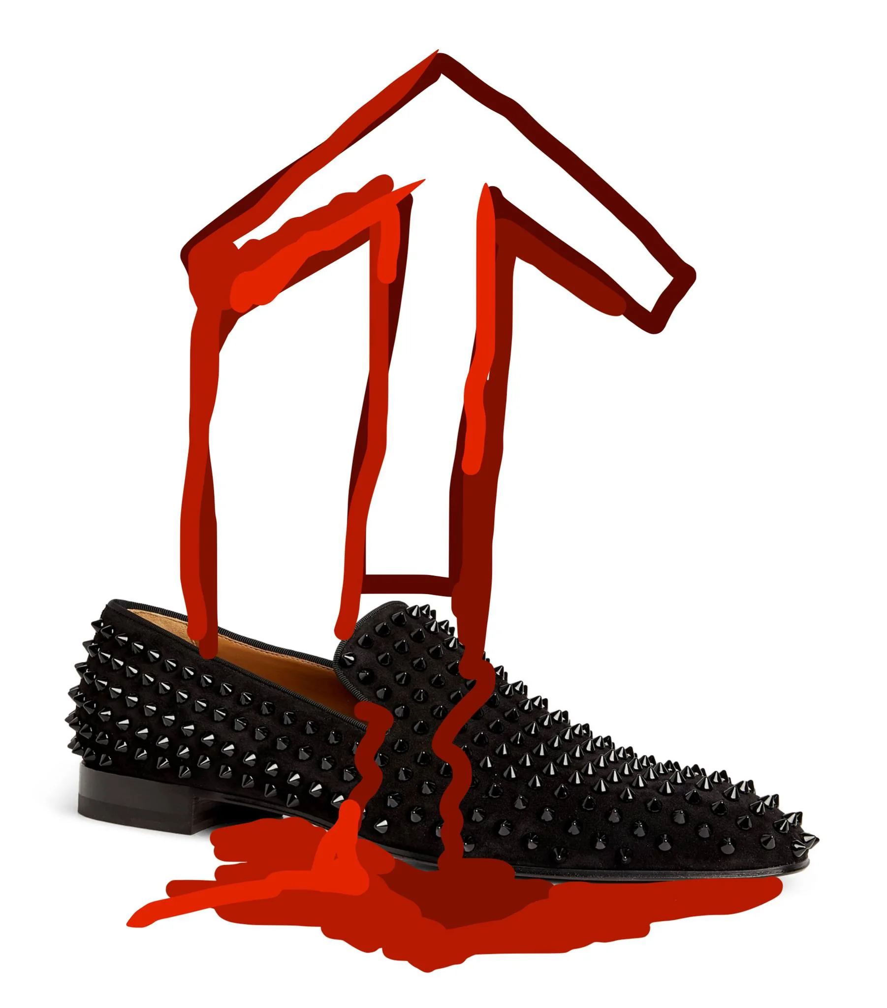 The image features a striking illustration of a black spiked shoe, prominently placed against a plain background. The shoe is covered in numerous black spikes, giving it an edgy and bold appearance. Overlaying the shoe is a large, red arrow design that seems to be painted over it. The arrow is bold and dripping, suggesting a dynamic and slightly aggressive artistic style. The juxtaposition of the spikes and the arrow creates a visually intense composition. This artistic representation may evoke themes of rebellion and assertiveness, possibly referencing the famed song "These Boots Are Made for Walkin'." The overall mood is bold and fashion-forward, highlighting a unique blend of art and style.
- Named works: ["These Boots Are Made for Walkin'"]