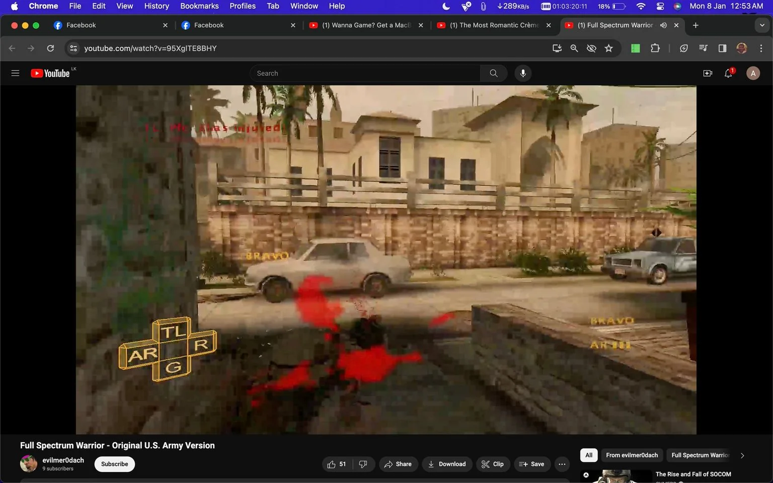 The image is a frame from a YouTube video titled "Full Spectrum Warrior - Original U.S. Army Version," uploaded by the channel "evilmer0dach." The scene depicts a gameplay moment from the game "Full Spectrum Warrior," a military simulation. The visual setting shows an urban environment with a beige stone building in the background, flanked by palm trees. Two cars, one white and one gray, are parked on the street.
In the foreground, a character seems to be affected by an explosion or gunfire, indicated by red graphic effects. The player interface displays directional controls and the status "TL Pt has survived," suggesting a tactical scenario is unfolding. The background lighting is bright, typical of a daytime setting, which highlights the sandy tones of the architecture. The game interface text includes labels like "BRAVO" and directional instructions ("AR," "TL," "G"), reflecting a focus on strategic military commands.
- Title: "Full Spectrum Warrior - Original U.S. Army Version"
- Channel / profile: "evilmer0dach"
- Site / app: "YouTube"