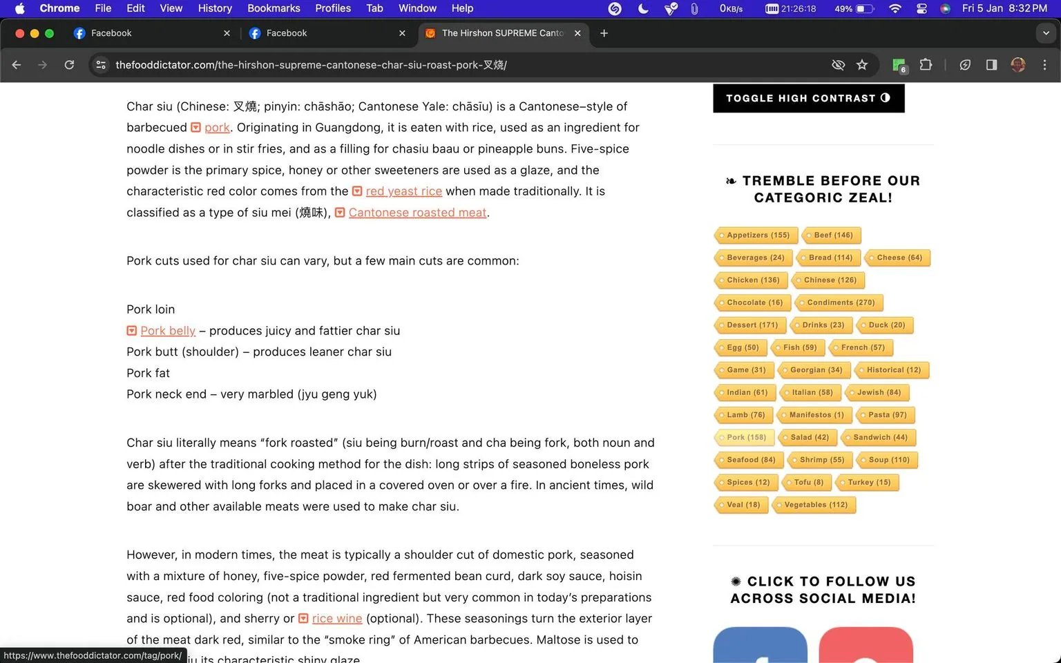 The image is a screenshot of a webpage from "thefooddictator.com," featuring information about Cantonese char siu. The content explains char siu as a Cantonese-style barbecued pork, often associated with Guangdong cuisine. It details the cuts of pork used for preparing char siu, such as pork loin, pork belly, pork butt, pork fat, and pork neck end. The description highlights that pork belly produces juicier and fattier char siu, while pork butt is leaner. The text is presented in a straightforward manner with sections clearly segmented, likely for easy reading and understanding. The site features a toggle for high contrast, suggesting accessibility options. Additionally, there are topic tags like appetizers, beef, and Chinese, indicating the breadth of content covered on the site. The website's design includes a sidebar with various categories and an option to follow on social media, indicating engagement-focused features.