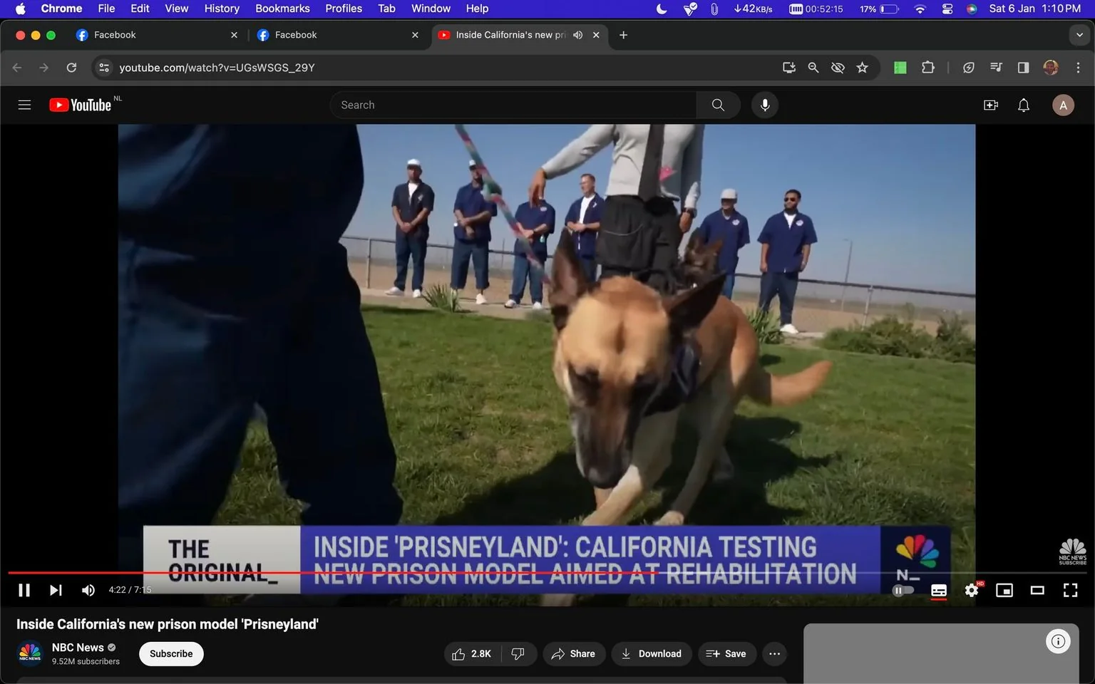 The image is a screenshot from a YouTube video titled "Inside California's new prison model 'Prisneyland'," which is published by NBC News. It visually captures an outdoor scene in a rehabilitation-focused environment within a California prison. In the foreground, there is a dog, likely a Belgian Malinois, being walked on a leash by an individual wearing casual attire. This suggests the context of a therapy or training program involving animals. In the background, there are several men dressed in blue uniforms and white caps, standing in a line, possibly prisoners participating in the program. The setting is grassy, under a clear blue sky, indicating a calm, sunny day. The on-screen text emphasizes California's experimental prison model aimed at rehabilitation, underscoring the reformative theme. The composition suggests a focus on innovative rehabilitation methods within the correctional system. The video is on the NBC News channel, known for covering a wide range of current events and social issues.