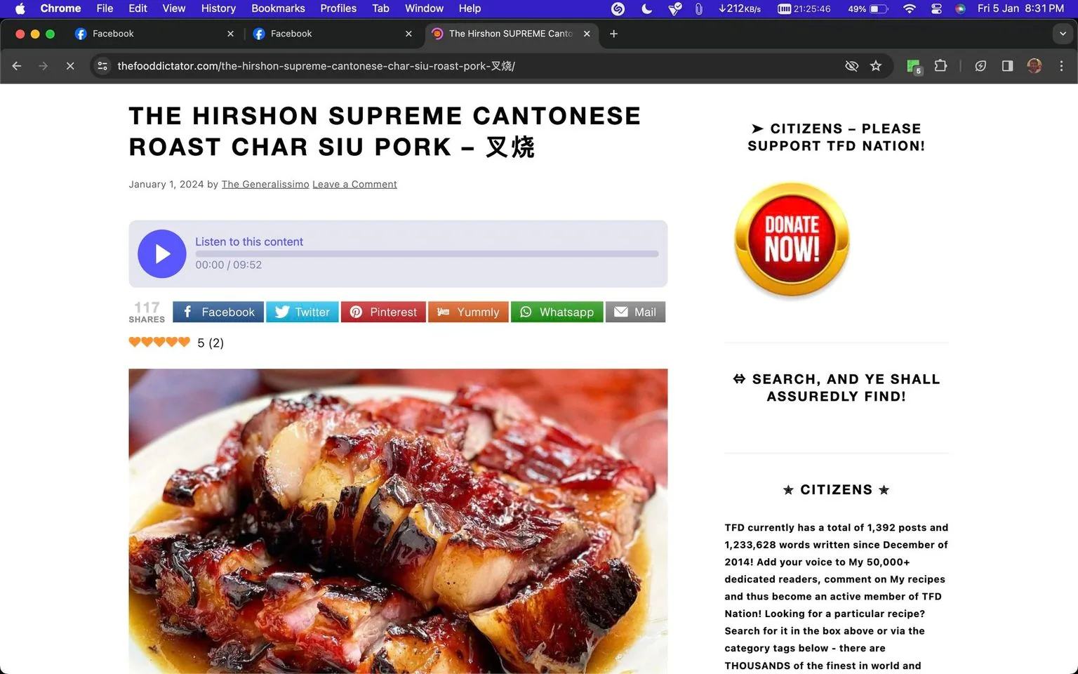 1) Rich description: The screenshot captures a webpage from "thefooddictator.com" featuring a recipe titled "The Hirshon Supreme Cantonese Roast Char Siu Pork – 叉烧." The article is authored by The Generalissimo and dated January 1, 2024. The page includes a vibrant image of Cantonese Char Siu Pork, displaying succulent slices of roasted pork with a glossy, caramelized crust. The dish is presented on a plate, surrounded by a rich, savory sauce. Social media sharing buttons are prominently displayed underneath the title, allowing users to share the recipe on platforms like Facebook, Twitter, and Pinterest. On the right side, a bold "DONATE NOW!" button encourages support for TFD Nation. The design is clean and focused, with the headline and visuals drawing immediate attention. The background is minimal, emphasizing the food and call-to-action elements. The overall mood conveys a sense of culinary delight and community engagement.
2) On-screen text block:
- Title: "The Hirshon Supreme Cantonese Roast Char Siu Pork – 叉烧"
- Site / app: "thefooddictator.com"