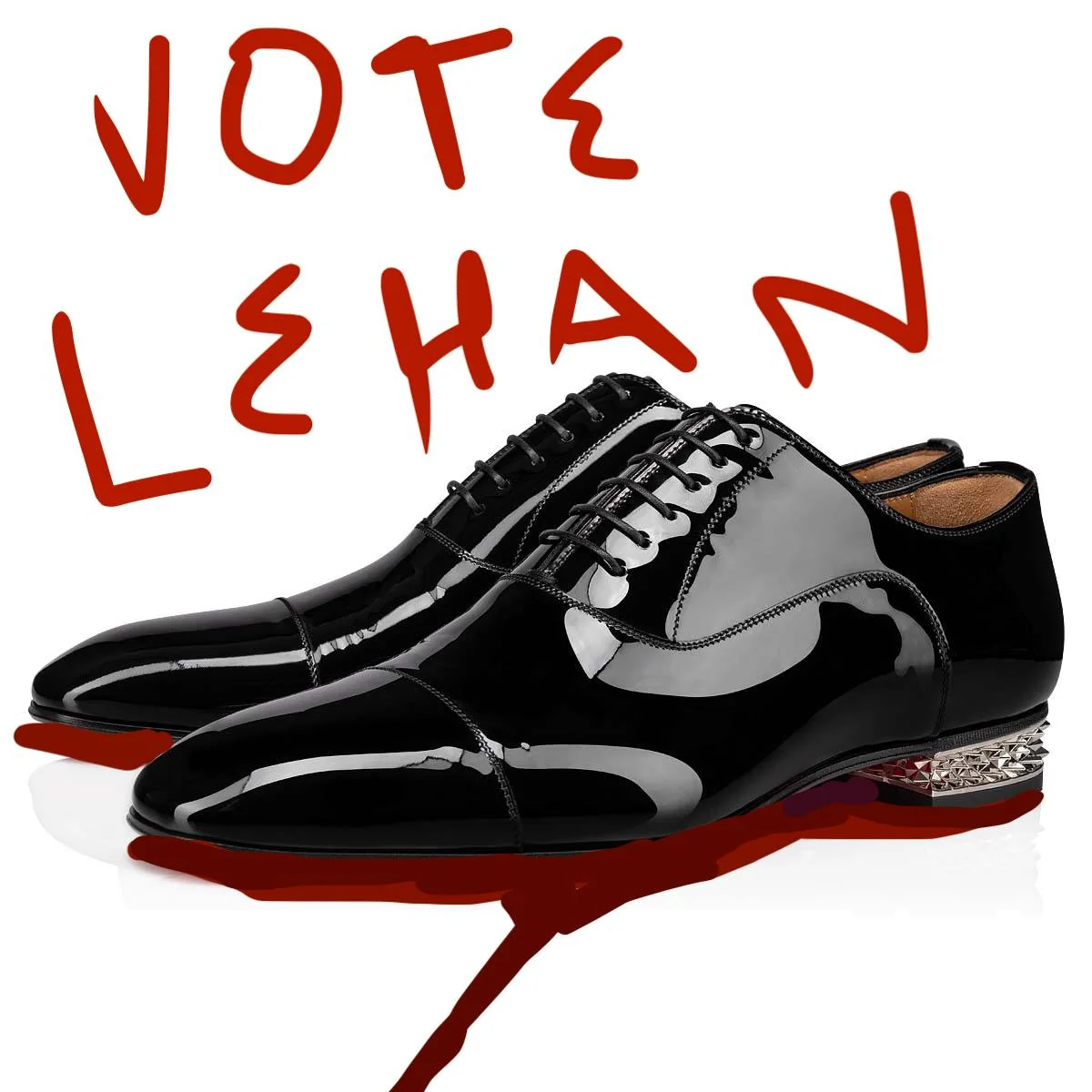 In this image, a pair of sleek, black leather dress shoes is prominently displayed. The shoes are polished to a high shine, reflecting light and emphasizing their luxurious appearance. They feature a cap-toe design and are accompanied by meticulously crafted details, such as fine stitching and a unique metallic heel embellishment with intricate patterns. The background is stark white, enhancing the contrast and making the shoes stand out even more. Bold red text above the shoes reads "VOTE LEHAN," suggesting a campaign or branding message. The overall composition exudes elegance and modernity, targeting an audience interested in high-end fashion. The use of the name "Lehan" indicates a specific brand or designer focus, adding to the product's exclusivity.