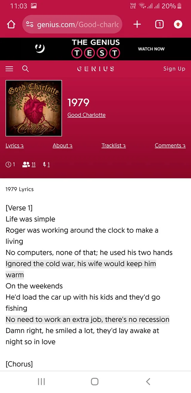 {"media_type":"screenshot","site_or_app":"Genius","title_text":"1979","named_works":["1979"],"publisher_or_studio":"Good Charlotte","key_ocr_lines":["Life was simple","Roger was working around the clock to make a living","No computers, none of that; he used his two hands","Ignored the cold war, his wife would keep him