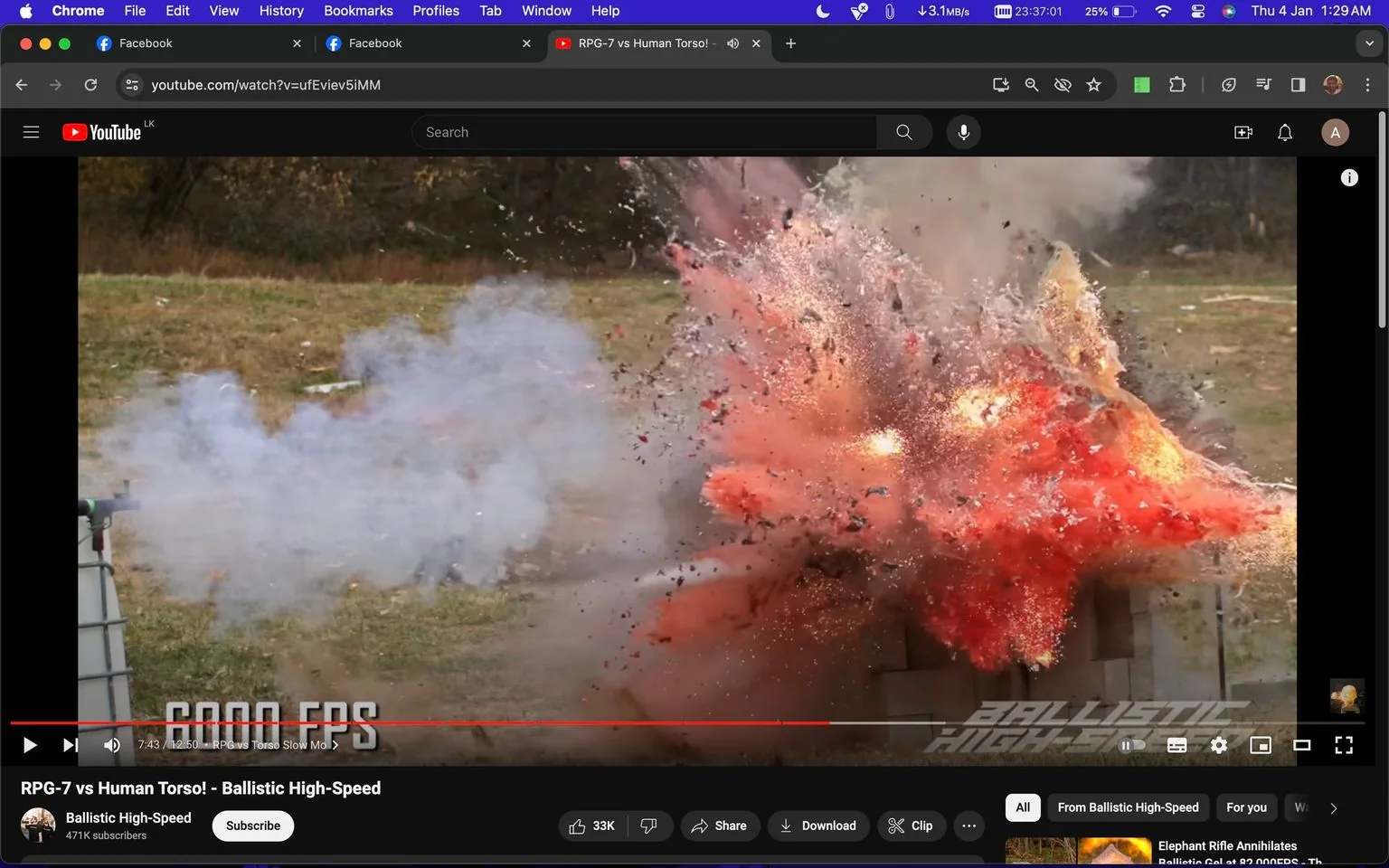 The image is a screenshot from a YouTube video titled "RPG-7 vs Human Torso! - Ballistic High-Speed" on the channel "Ballistic High-Speed." The video appears to show a high-speed capture of an explosion, likely involving the impact of an RPG-7 on a simulated human torso. The frame captures a dramatic explosion with bright orange and red colors, signifying the detonation's intensity. Smoke and debris are visibly dispersing in all directions, indicating the force of the blast. The scene takes place outdoors on a grass field, with a blurred background, emphasizing the focus on the explosion itself.
In the bottom left corner, the text "GOOD FPS" is visible, suggesting a high-quality frame rate for capturing the explosion in detail. The video progress bar shows a timestamp of 7:43 in a total length of 12:50, indicating the viewer is more than halfway through the video. The interface also displays typical YouTube video options like play, share, and download buttons. The combination of the high-speed capture and the explosive subject matter creates a visually striking and dynamic scene.
- Title: "RPG-7 vs Human Torso! - Ballistic High-Speed"
- Channel / profile: "Ballistic High-Speed"
- Site / app: "YouTube"