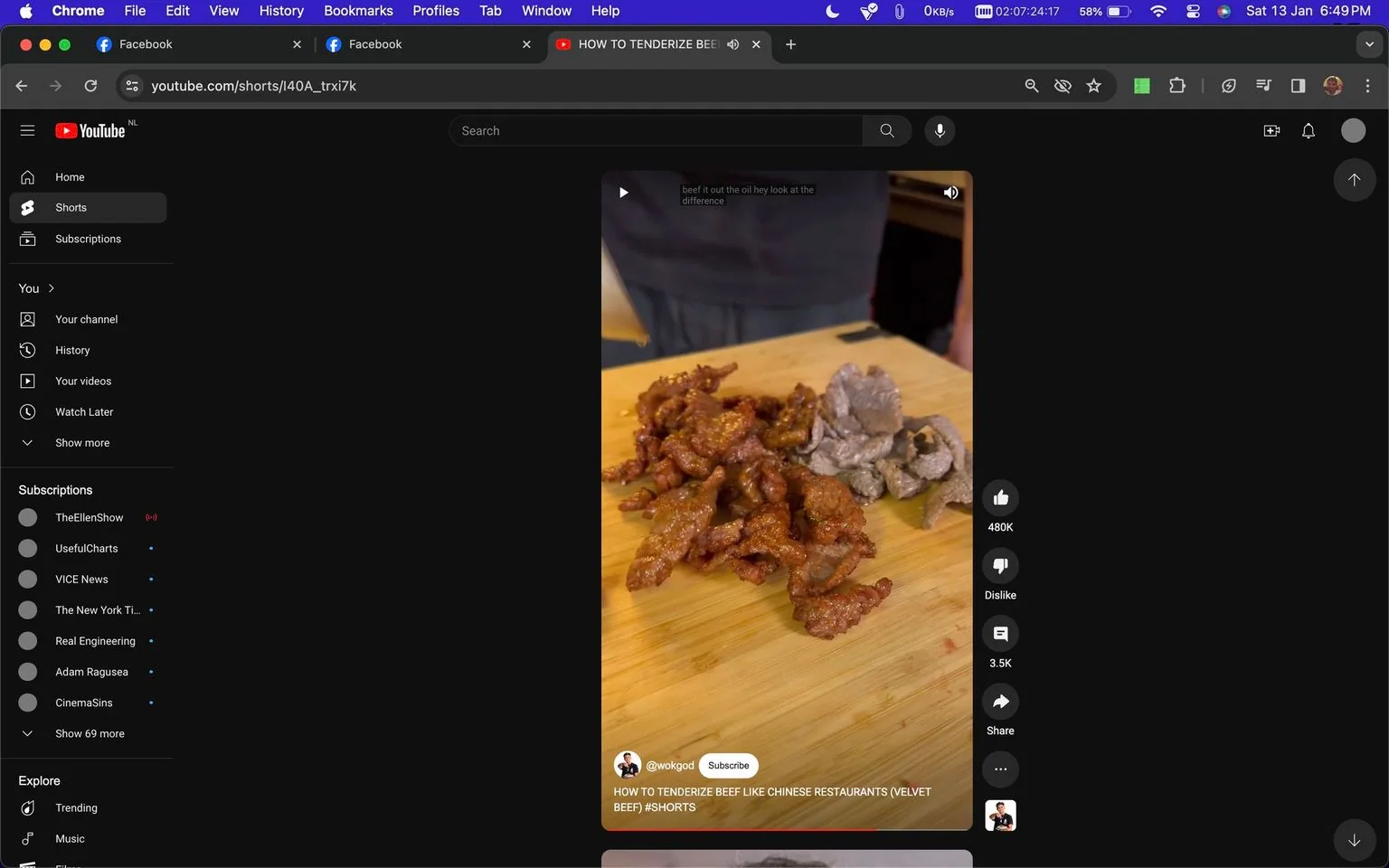 The image is a screenshot from a YouTube Shorts video titled "HOW TO TENDERIZE BEEF LIKE CHINESE RESTAURANTS (VELVET BEEF) #SHORTS." It is from the channel "@wokgod." The video focuses on demonstrating a cooking technique, likely to soften beef as in Chinese cuisine. In the foreground, there is a wooden cutting board with slices of beef; one portion appears to have been tenderized, while the other looks untreated or cooked differently, illustrating the result of the method being shown.
The background is slightly blurred, but it seems to be a kitchen setting, indicated by the presence of a person in casual attire, possibly the host, who is partially visible. The lighting is bright, focusing on the food to highlight the texture contrasts. Subtitles in the video read, "beef it out the oil hey look at the difference," indicating a part of the tutorial's dialogue. The interface shows typical YouTube features like playback controls and viewer engagement icons such as thumbs up and down, comments, and share options.