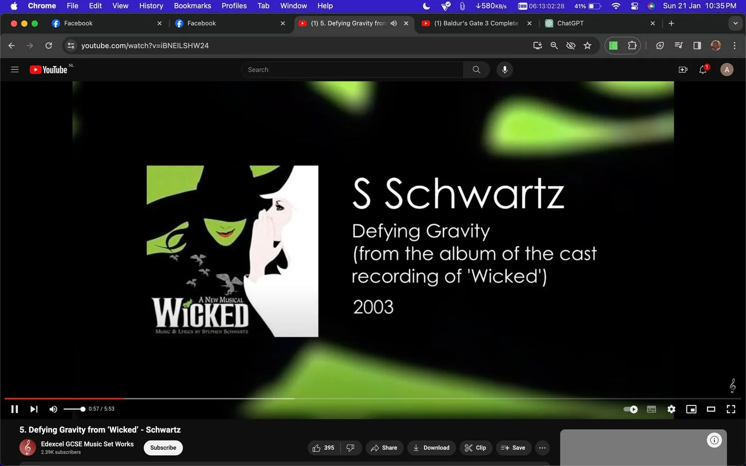 The screenshot depicts a YouTube video interface, showcasing a track titled "Defying Gravity" from the musical "Wicked," composed by S Schwartz. The video is from the channel "Edexcel GCSE Music Set Works," which has 2.39K subscribers. The content is likely educational, given the channel's name. The video's thumbnail features the iconic "Wicked" musical artwork, which includes the silhouette of a witch in black with a green face, whispering to another character in white. The background is predominantly black, with green accents that match the witch's face. The text on the screen indicates that the music is part of the cast recording album from 2003. The interface shows typical YouTube elements such as the play button, progress bar, and options for sharing, downloading, and saving the video. Tabs for Facebook and other sites are visible at the top, indicating the browser being used is Chrome on a desktop interface. The scene captures the essence of an online music streaming experience, focusing on theatrical and musical education.
- Title: "5. Defying Gravity from 'Wicked' - Schwartz"
- Channel / profile: "Edexcel GCSE Music Set Works"
- Site / app: "YouTube"