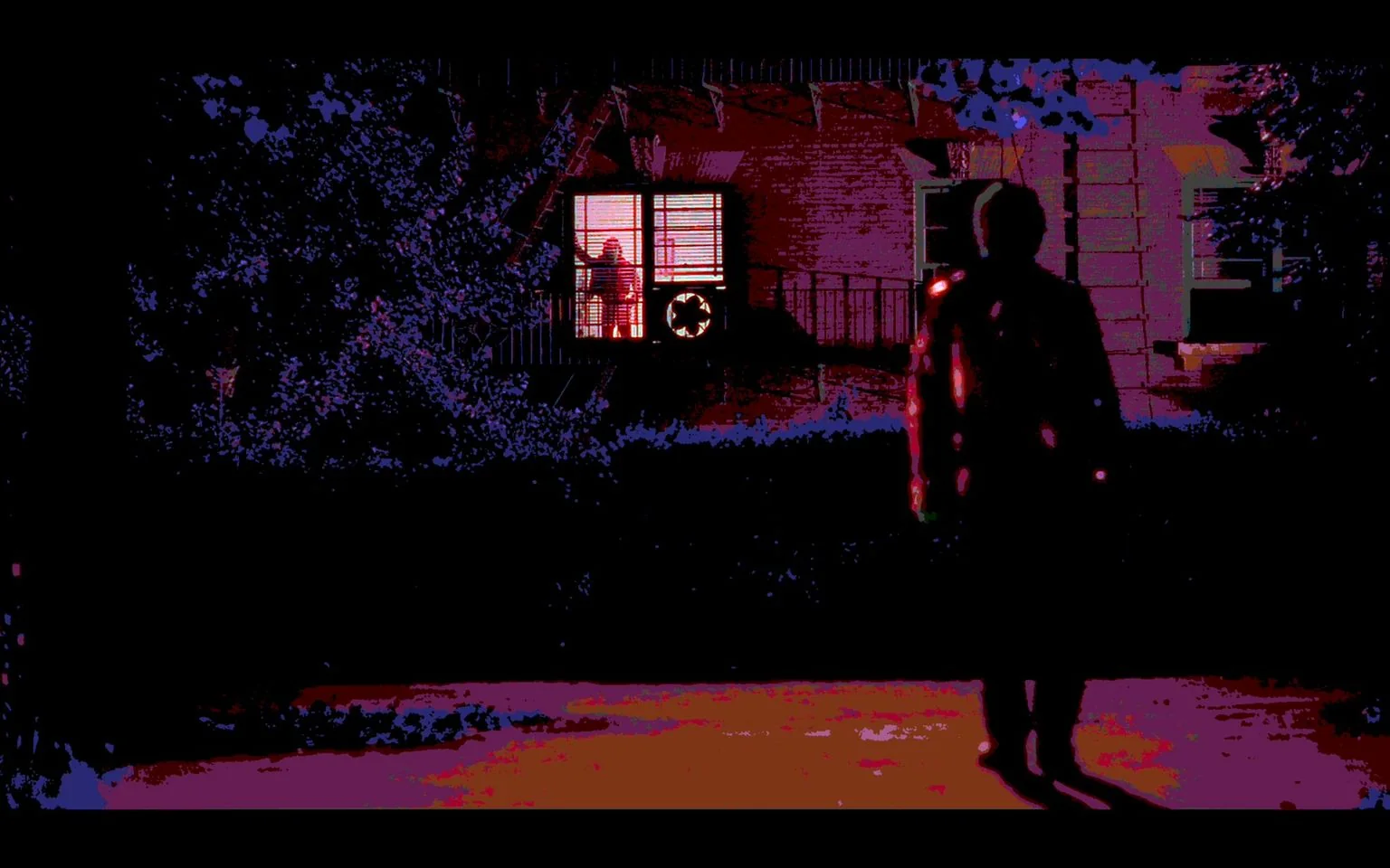 The image is a stylized scene from the 1980 film “Cruising” featuring Al Pacino. It depicts a nighttime setting with a striking contrast between the silhouettes and the illuminated window. In the foreground, a silhouetted figure stands on a path, their back turned to the viewer, creating a mysterious and tense atmosphere. The figure's posture suggests they are observing the scene across from them. In the background, a window glows with warm light, casting shadows and revealing a person standing inside, partially obscured by blinds. The surrounding area is dark, with deep purples and blues dominating the color scheme, enhancing the scene’s suspenseful mood. The use of bold colors and shadows suggests a dramatic and intense moment, characteristic of the film's thriller genre. The overall composition, with its focus on light and darkness, effectively conveys a sense of intrigue and unease.