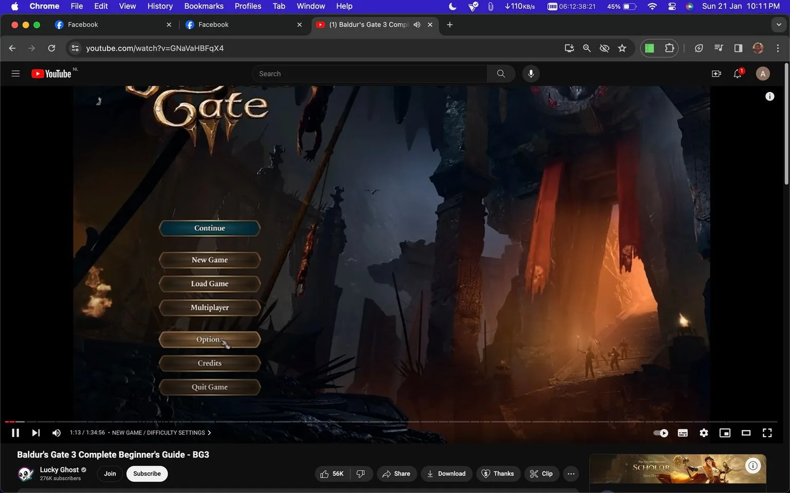 The image is a screenshot from a YouTube video titled "Baldur's Gate 3 Complete Beginner's Guide - BG3" by the channel Lucky Ghost. The focus is on the game's main menu, which features options like "Continue," "New Game," "Load Game," "Multiplayer," "Options," "Credits," and "Quit Game." The background presents a dark, fantasy-themed scene with towering structures and a warm glow emanating from what appears to be a large doorway draped with tattered red banners.
The atmosphere is mysterious and slightly ominous, fitting the fantasy genre of Baldur's Gate 3. The scene includes silhouetted figures and elements like pillars and debris, enhancing the medieval and adventurous feel. The YouTube interface is visible, with elements like the video progress bar, playback controls, and engagement buttons such as "Like," "Share," and "Subscribe." The video is paused at 1 minute and 13 seconds, with the subtitle "NEW GAME / DIFFICULTY SETTINGS" displayed at the bottom.
- Title: "Baldur's Gate 3 Complete Beginner's Guide - BG3"
- Channel / profile: "Lucky Ghost"
- Site / app: "YouTube"
- Captions / subtitles: "NEW GAME / DIFFICULTY SETTINGS"