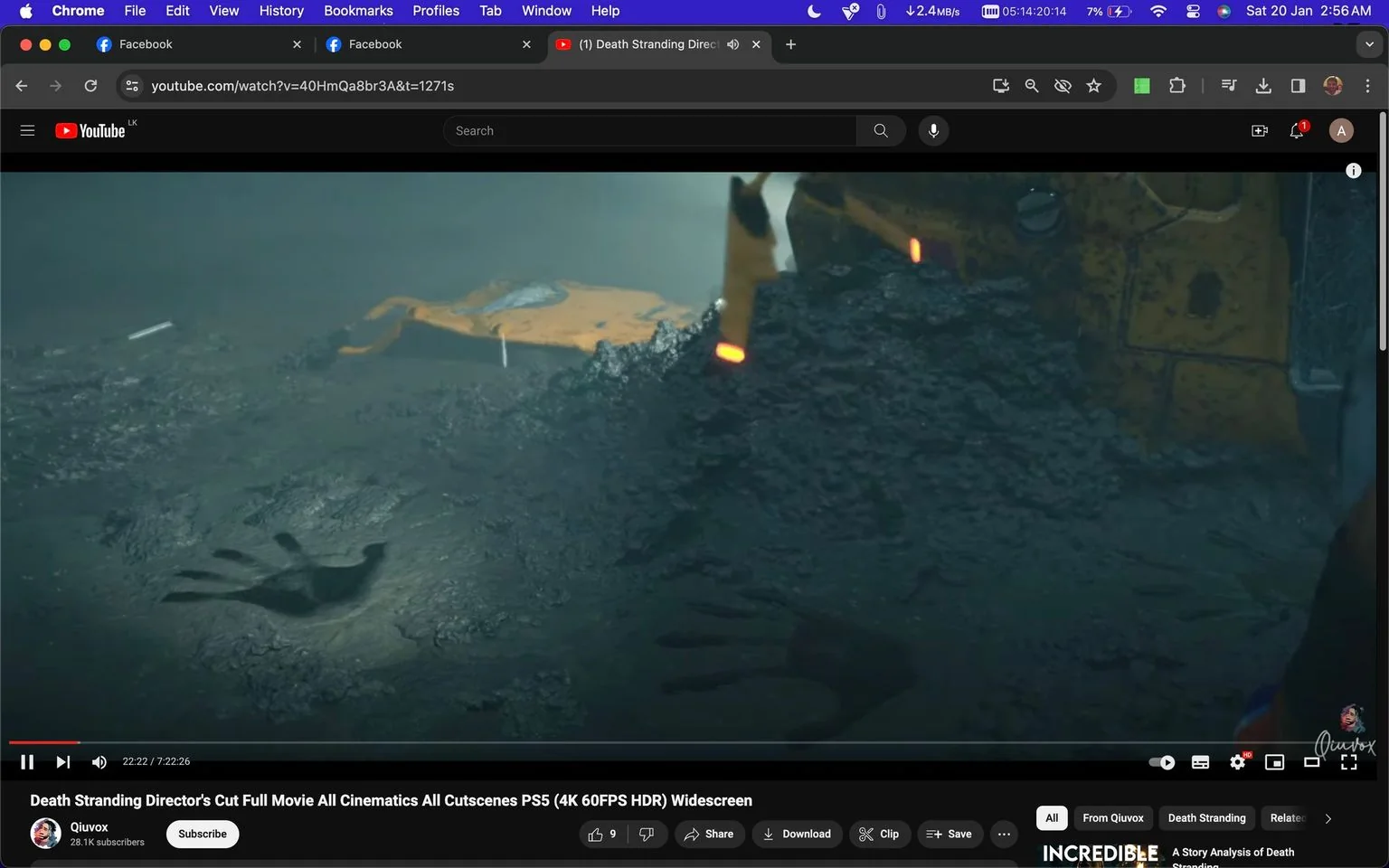 The image is a screenshot from a YouTube video titled "Death Stranding Director's Cut Full Movie All Cinematics All Cutscenes PS5 (4K 60FPS HDR) Widescreen," hosted on the channel "Qiuvox." The scene appears to be from the game "Death Stranding." It features a muddy surface with distinct handprints, suggesting the presence or movement of a character. In the background, construction machinery or a vehicle is partially visible with a yellow and orange color scheme, adding a sense of an industrial or post-apocalyptic environment. The lighting is dim, evoking a somber and mysterious mood typical of the game's atmospheric style. The video is displayed in widescreen format, indicating a cinematic presentation. This particular frame captures the game's eerie and otherworldly aesthetic, reflective of its unique narrative and design.