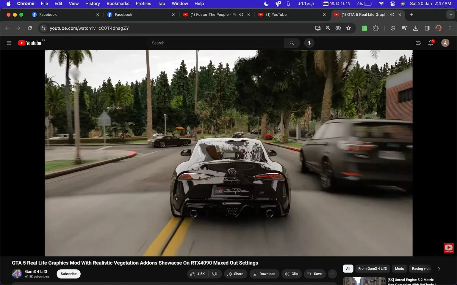 In this YouTube video screenshot, the focus is on a gaming scene from "GTA 5," showcasing a real-life graphics mod with realistic vegetation. The scene depicts a black Toyota Supra driving along a curved road, lined with tall palm trees and lush greenery. The visual quality is enhanced by the RTX4090 max settings, creating a highly realistic environment. The car is detailed, with the Toyota logo and GR Supra branding visible on its rear. Other cars are present, adding to the dynamic atmosphere of the urban setting. The lighting is natural, suggesting a daytime scene, and the overall tone emphasizes high-fidelity graphics and immersive gameplay. The video is from the channel "Gam3 4 Lif3," highlighting the enhanced visuals possible with advanced hardware and mods.
- Title: "GTA 5 Real Life Graphics Mod With Realistic Vegetation Addons Showcase On RTX4090 Maxed Out Settings"
- Channel / profile: "Gam3 4 Lif3"
- Site / app: "YouTube"
