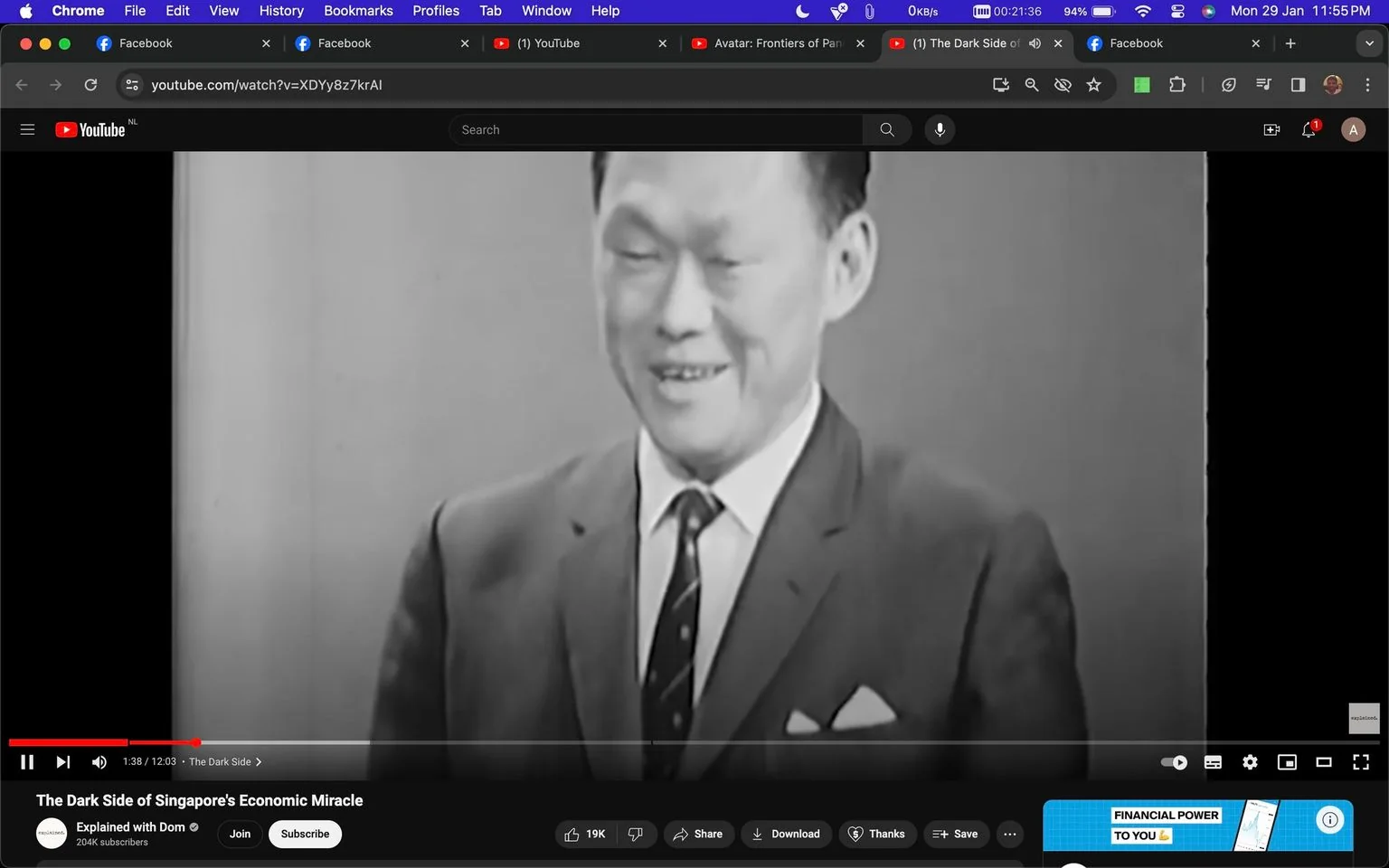 This black and white YouTube video screenshot features Lee Kuan Yew, who is depicted in a formal setting, possibly an interview or a documentary. He is wearing a suit with a white shirt and a dark tie, complemented by a pocket square, suggesting a serious and professional tone. The image captures him smiling, which may indicate a moment of light-heartedness or a reflective comment. The background is plain, drawing focus entirely on Lee Kuan Yew, emphasizing his role and importance in the context. The video is titled "The Dark Side of Singapore's Economic Miracle," presented on the "Explained with Dom" YouTube channel. The interface shows typical YouTube elements, including video control buttons and tabs. The presence of tabs suggests the viewer is browsing multiple web pages simultaneously.
- Title: "The Dark Side of Singapore's Economic Miracle"
- Channel / profile: "Explained with Dom"
- Site / app: "YouTube"