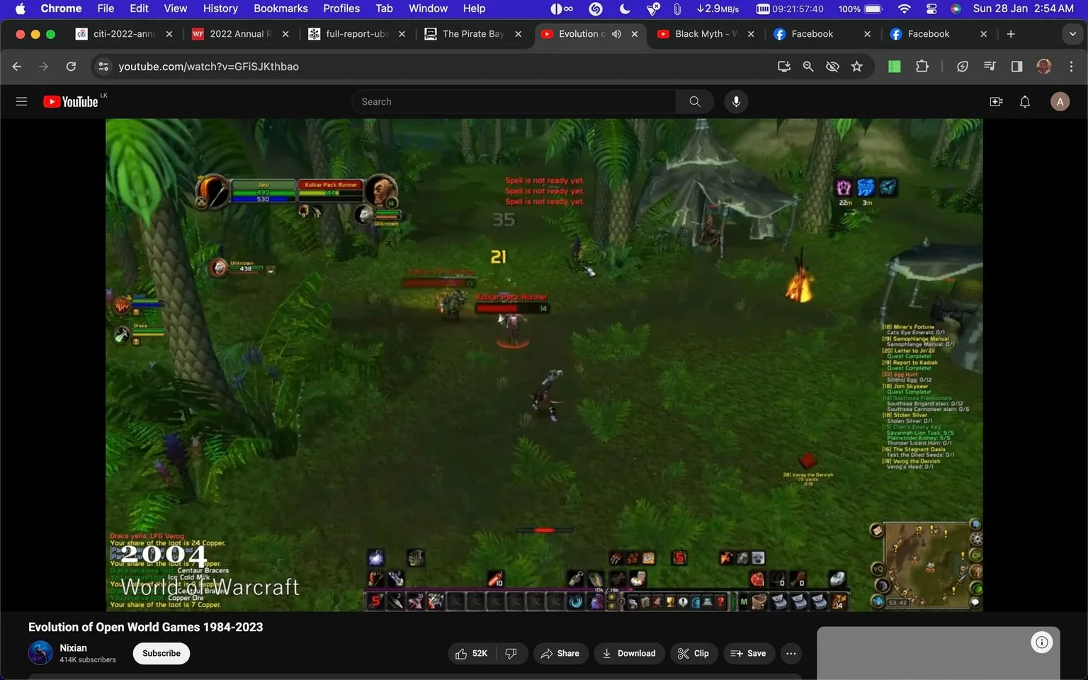 The image is a screenshot from a YouTube video titled "Evolution of Open World Games 1984-2023," posted by the channel "Nixian." It features gameplay from the game "World of Warcraft," specifically from the year 2004. The scene takes place in a lush, jungle environment, with dense green foliage and towering trees in the background. In the foreground, a character is engaged in combat with creatures labeled as "Kolkar Pack Runner." The interface displays health bars, quest logs, and various action buttons typical of "World of Warcraft." The visual elements include a campfire and tents, adding to the immersive wilderness setting. The screen also shows text indicating loot and quest objectives, enhancing the game's RPG elements. The video aims to showcase the development of open-world games over the years, with "World of Warcraft" being a significant milestone in gaming history.
- Title: "Evolution of Open World Games 1984-2023"
- Channel / profile: "Nixian"
- Site / app: "YouTube"