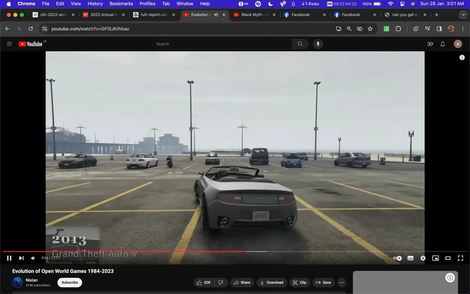 The screenshot displays a scene from the video game "Grand Theft Auto V," part of a YouTube video titled "Evolution of Open World Games 1984-2023" on the channel Nixian. The image features a virtual parking lot, with a convertible car prominently in the foreground, facing towards the ocean in the background. The sky is overcast, creating a muted, realistic atmosphere typical of the game's Los Angeles-inspired setting. Several other vehicles, including a motorcycle and cars, are scattered throughout the lot. The setting is open and spacious, with tall streetlamps lining the perimeter. The video is paused at 9:04 out of a total duration of 17:17, highlighting the game's release year, 2013. The interface of a web browser is visible, with multiple tabs open, including search and social media sites, enhancing the realism of the context in which the video is being viewed.
- Title: "Evolution of Open World Games 1984-2023"
- Channel / profile: "Nixian"
- Site / app: "YouTube"