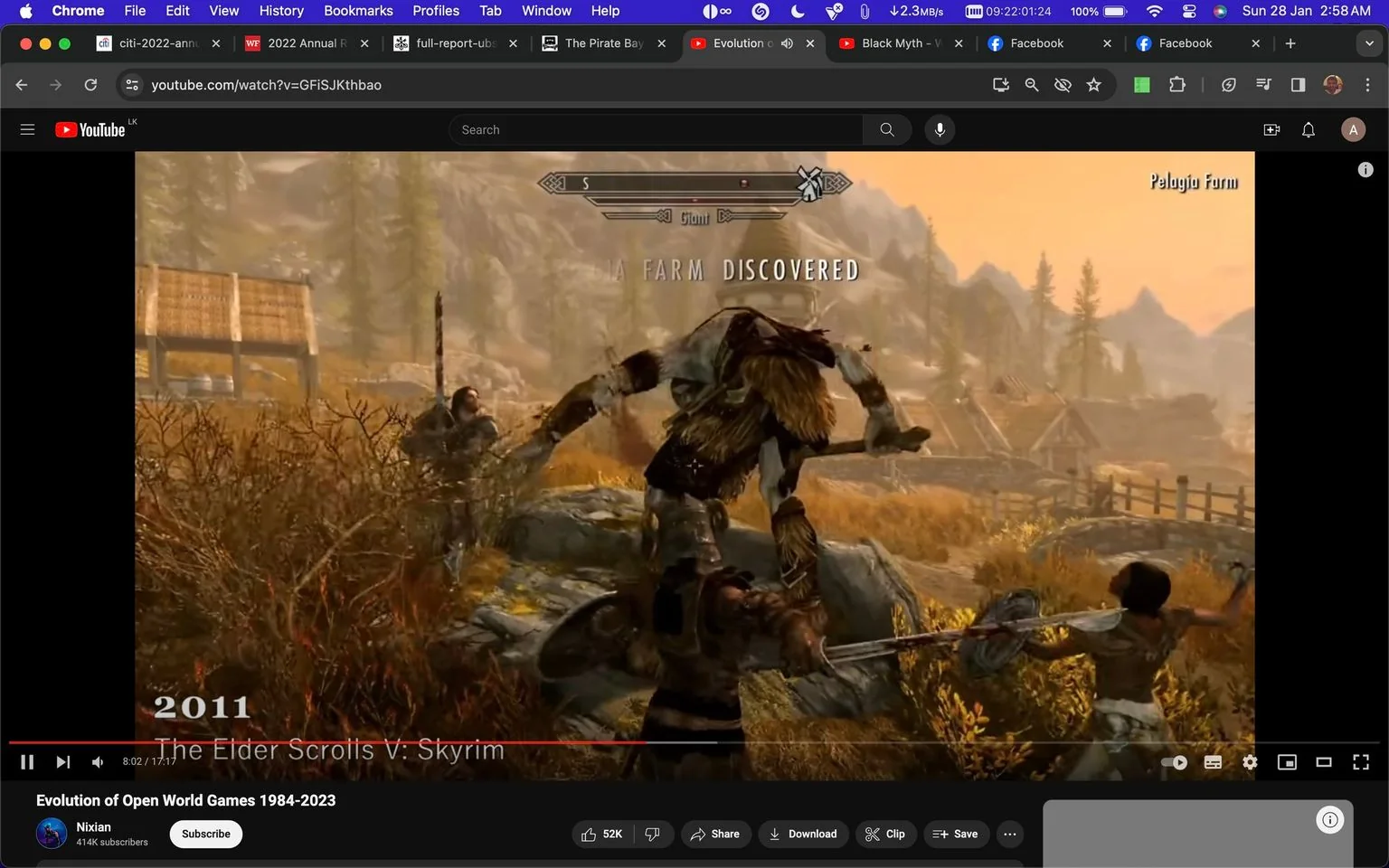 The image is a screenshot from a YouTube video titled "Evolution of Open World Games 1984-2023" on the channel Nixian. It depicts a scene from the game "The Elder Scrolls V: Skyrim," released in 2011. The scene shows a character in the foreground facing a giant, which is a recurring enemy type in the game. The setting is an outdoor, rural landscape with rolling hills and a rustic farmstead visible in the background. The text "Farm Discovered" and "Pelagia Farm" indicates that the player has reached a new location within the game world.
The character in the foreground is clad in medieval-style armor, carrying a shield and a weapon, poised for combat. The giant, towering over the player, is wielding a large club. The environment is bathed in warm, golden sunlight, typical of the game's atmospheric design. The video player interface is visible, showing playback controls and viewer engagement metrics, including likes and subscriber count. The overall mood of the image conveys the epic, adventurous nature of "Skyrim," highlighting its open-world exploration and fantasy elements.