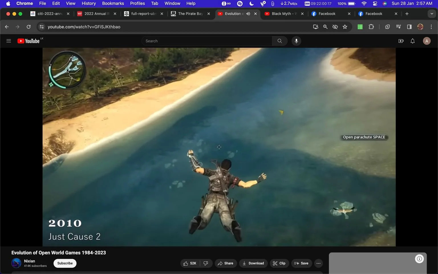 The video frame is a scene from the game "Just Cause 2," which was released in 2010. The visual shows a character in a freefall position over a coastal landscape, suggesting an action-packed moment common in open-world games. The character is wearing a tactical outfit with a harness, preparing to deploy a parachute. The ocean below is a vivid blue-green, meeting a sandy beach lined with trees, indicating a tropical setting.
In the top left corner, there is a circular mini-map displaying part of the game's interface. A prompt on the right side of the screen reads "Open parachute SPACE," indicating an action the player can perform. The overall lighting is bright, suggesting daytime in the game. The screenshot is from a YouTube video titled "Evolution of Open World Games 1984-2023," on the channel "Nixian," known for showcasing video game evolutions and gameplay. The frame exemplifies the adventurous and open-ended gameplay style that "Just Cause 2" is known for.