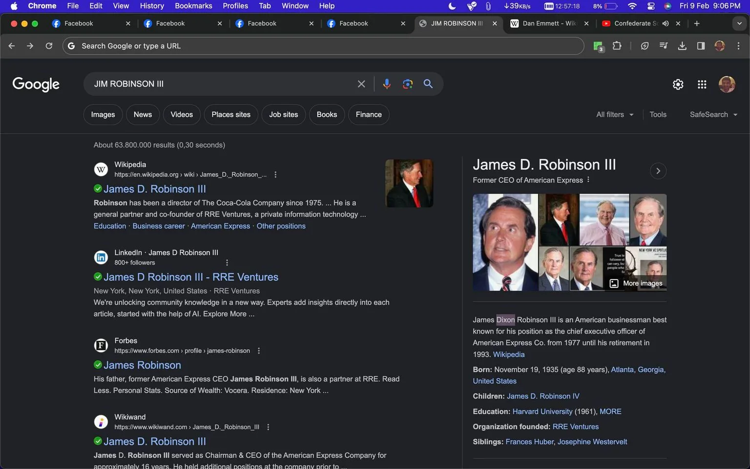 James Dixon Robinson III is the focus of this Google search results screenshot. The page displays a search query for "JIM ROBINSON III," yielding various results related to him. On the left, the first result is a Wikipedia entry, highlighting his connection with the Coca-Cola Company and American Express. Below, there are links to his LinkedIn profile and Forbes articles mentioning him. The right side features a profile card with his photo and key details, such as his birthdate, education at Harvard University, and his role as the former CEO of American Express. The layout is typical of a search engine results page, with a dark theme indicating that dark mode is enabled in the browser. The top of the browser shows multiple open tabs, including Facebook and Wikipedia, alongside various menu options like File, Edit, and View. The image is clearly captured from a desktop environment, specifically using Google Chrome.