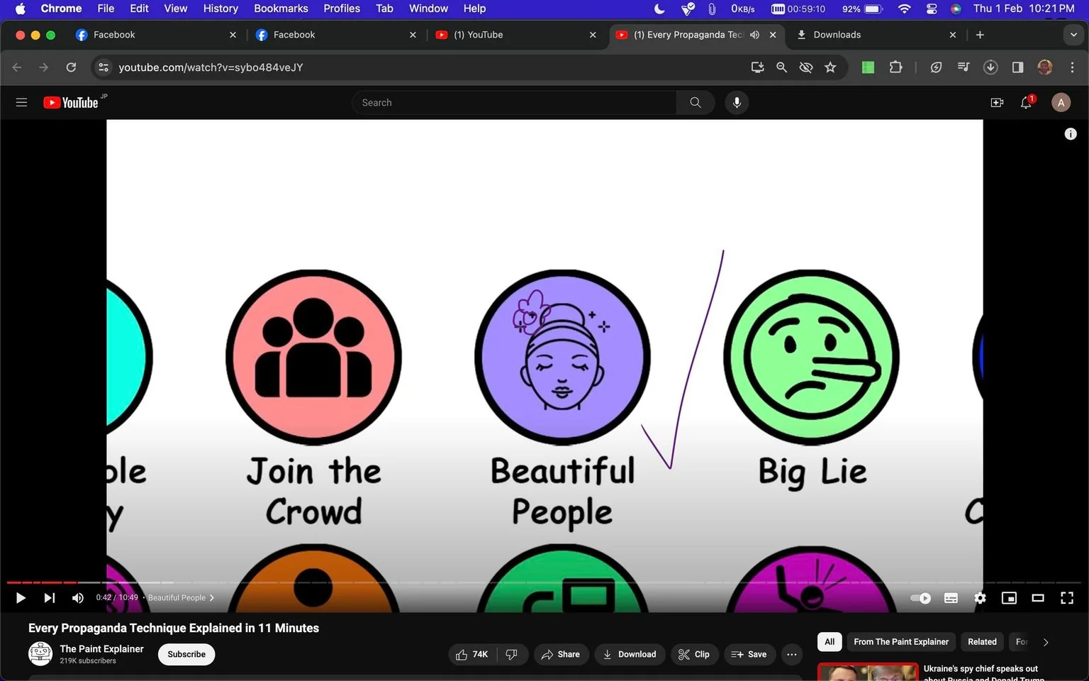 The screenshot shows a YouTube video titled "Every Propaganda Technique Explained in 11 Minutes" from the channel "The Paint Explainer." The video features a visual representation of different propaganda techniques using colorful, simplistic icons. Three visible icons are labeled "Join the Crowd," "Beautiful People," and "Big Lie." Each icon is circular with distinct colors—pink, purple, and green respectively—and simplistic graphics. The "Join the Crowd" icon shows a group of stylized people, the "Beautiful People" icon depicts a stylized face with adornments, and the "Big Lie" icon features a face with an exaggerated nose. The background is plain white, focusing attention on the icons. Above the video window, browser tabs for Facebook and YouTube are visible, along with a URL bar. The interface shows standard YouTube video controls and engagement metrics such as likes and subscriber count. The overall mood is educational and illustrative, aiming to explain complex concepts through simple visuals.