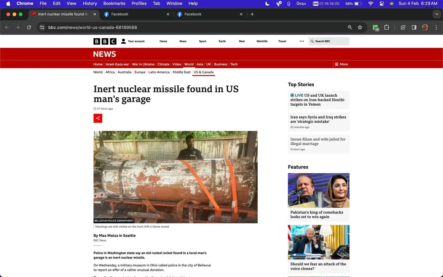 The screenshot is from the BBC News website and features an article titled "Inert nuclear missile found in US man's garage." The headline is prominently displayed in bold font at the top of the article. Beneath the headline, there is a photograph showing a large, rusted missile secured with orange straps. A police officer is visible in the background, adding context to the scene. The image appears to be taken inside a garage, with wooden fencing visible behind the officer.
The article, written by Max Matza in Seattle, reports on authorities in Washington state discovering an inert nuclear missile in a man's garage. The page is styled with BBC's signature red and white color scheme. On the right side, a sidebar lists "Top Stories" and "Features," providing additional news articles such as geopolitical updates and social issues. The layout is typical of a news article, with structured sections and clear headings, enhancing readability and accessibility for viewers seeking current events.