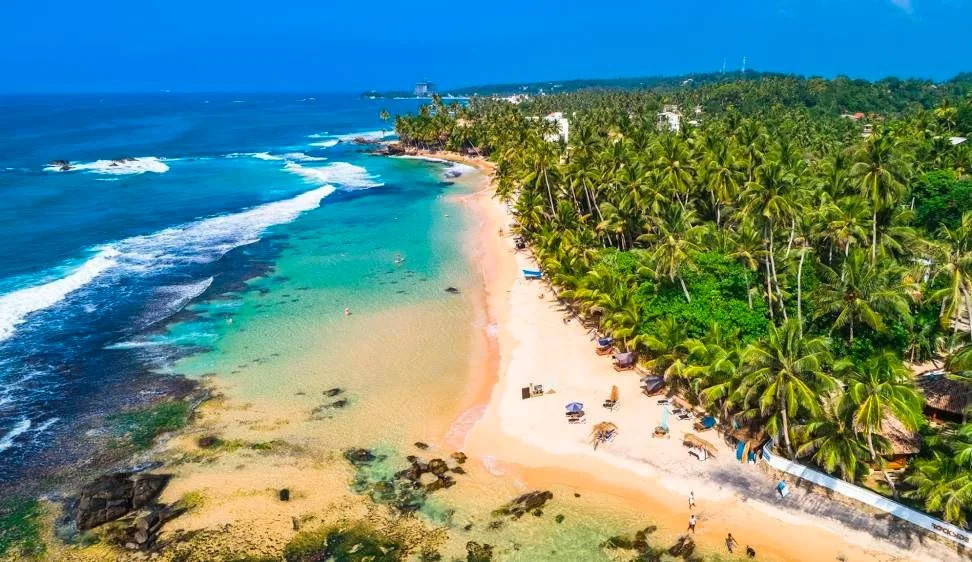 The image presents a stunning aerial view of a tropical beach landscape. The beach stretches along the coastline, with soft beige sand meeting the vibrant turquoise waters of the ocean. Waves gently lap against the shore, creating a soothing, rhythmic pattern. The left side of the image showcases the expansive ocean, with a few small, rocky outcrops visible in the water.
Along the right side, a dense line of lush, green palm trees runs parallel to the beach, providing a picturesque contrast to the sandy shoreline. Scattered along the sand are a few beach umbrellas and lounge chairs, suggesting a relaxed and inviting atmosphere perfect for sunbathing. The sky above is clear and blue, enhancing the tropical feel of the scene. This idyllic setting is a quintessential representation of a serene coastal paradise.