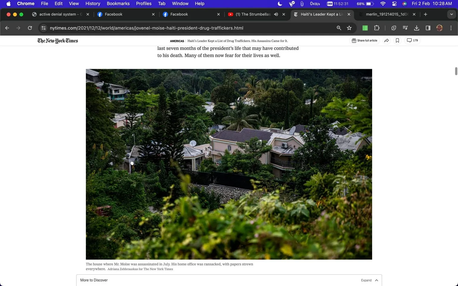 The image is a screenshot from The New York Times website, depicting a residential area surrounded by lush greenery. The central focus is on a house partially obscured by trees and foliage. This serene yet secluded setting is the location where Mr. Moïse was assassinated. The architecture features light-colored walls and dark roofing, and the surrounding vegetation suggests a tropical environment. The headline of the article, "Haiti’s Leader Kept a List of Drug Traffickers. His Assassins Came for It.", contextualizes the image within a narrative of political intrigue and violence. The caption indicates that the house’s home office was ransacked, with papers scattered, suggesting a chaotic scene in the aftermath of the event. The website's header and navigation elements are visible at the top, and the interface includes typical browser elements like tabs and bookmarks. The image and text together convey a sense of foreboding and the gravity of the situation described in the article.