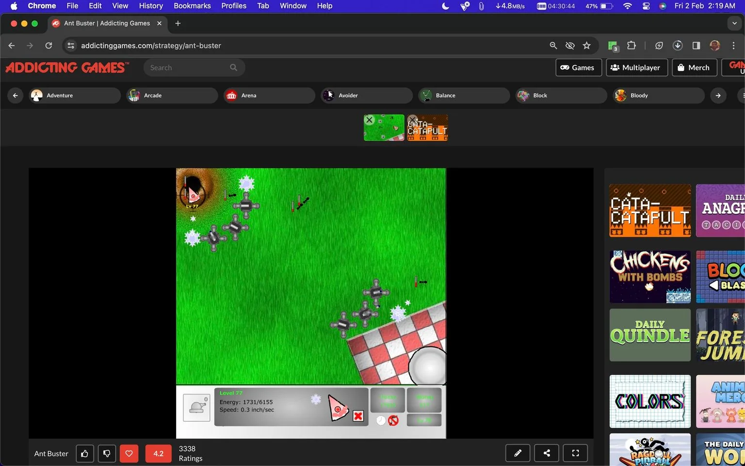 The image is a screenshot from the website "Addicting Games," showcasing a game called "Ant Buster." The game window is in the center, featuring a bright green field with several mechanical turrets arranged strategically to fend off ant-like creatures approaching from a hole in the ground. The game interface displays level information, with the player currently at "Level 77," and stats such as "Energy: 1731/6155" and "Speed: 0.3 inch/sec." A small portion of a checkered tablecloth is visible at the bottom right, suggesting a picnic theme. The overall layout is typical of a tower defense game, with weapons placed to target and eliminate waves of enemies. The website interface includes navigation options and related game thumbnails on the right. The top bar indicates it's being viewed on a Chrome browser. The design features bright colors and simple graphics typical of flash games, creating a nostalgic and engaging experience for users seeking quick entertainment.