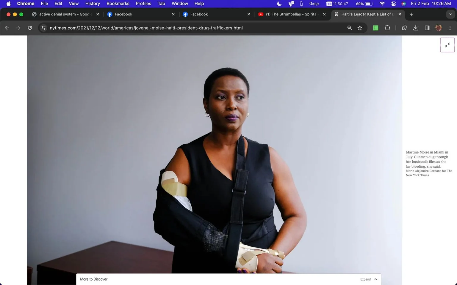 The image is a screenshot from a New York Times article, featuring a portrait of Martine Moise. She is standing indoors against a plain, light-colored background. Martine is wearing a black sleeveless dress and appears to have her left arm in a sling, indicating an injury. Her expression is serious and contemplative, suggesting a somber or reflective mood. The lighting is soft and evenly distributed, highlighting her features against the stark background.
This image is part of a news article published by The New York Times, evident from the text on the screenshot. The caption accompanying the image provides context, stating that Martine Moise is in Miami in July, mentioning a traumatic event involving gunmen and her husband's files. The overall composition centers on Martine, with no other objects or distractions present in the image, emphasizing her as the focal point of the piece. The screenshot also includes elements of a web browser interface, such as tabs and the URL bar, indicating that this is an online news article being viewed.