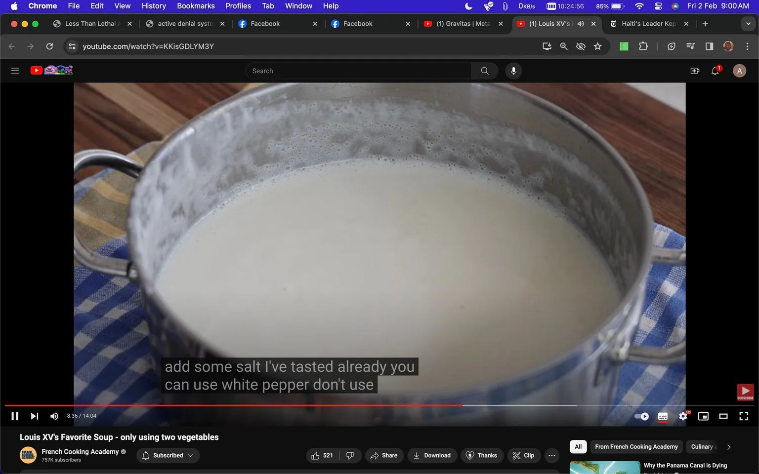 The image is a frame from a YouTube video titled "Louis XV's Favorite Soup - only using two vegetables," uploaded by the channel "French Cooking Academy." The scene takes place in a kitchen setting, where a pot filled with a creamy soup is prominently displayed on a wooden countertop. The pot, which has a metallic finish and handles on either side, sits atop a blue and white checkered cloth. The soup inside appears smooth and thick, indicating a well-blended texture.
The video frame includes captions at the bottom, with the text: "add some salt I've tasted already you can use white pepper don't use." This suggests a step in the cooking process where seasoning is being adjusted. The overall lighting is bright, highlighting the pot's shiny surface and the creamy color of the soup. The video likely focuses on demonstrating the preparation of a simple, classic soup using minimal ingredients, as suggested by the title.