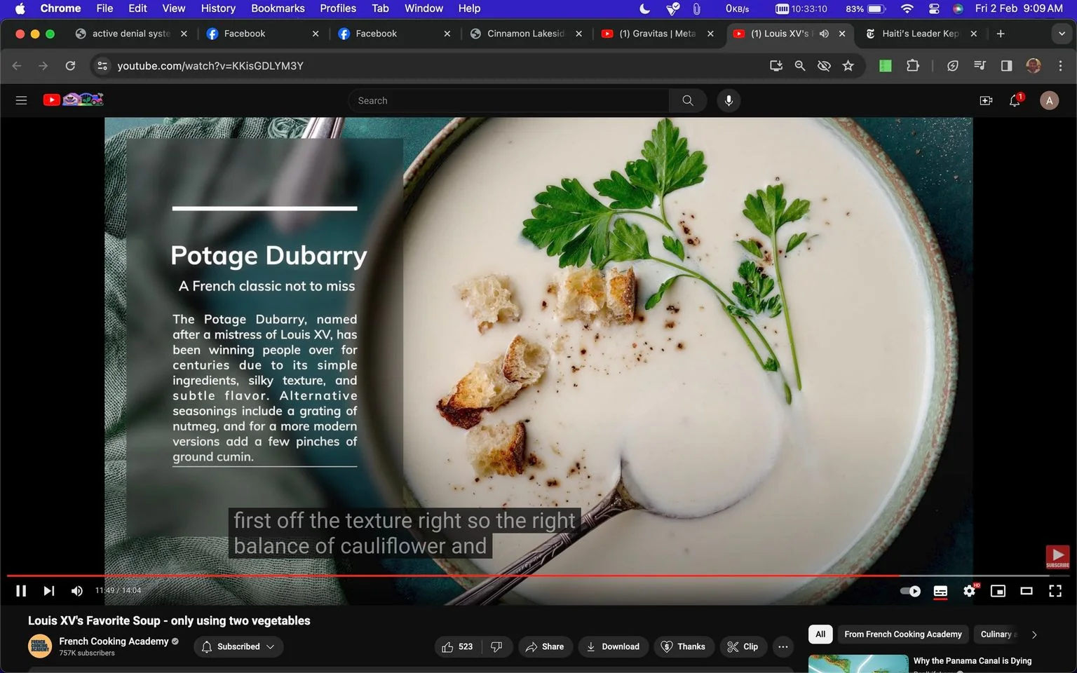 The image is a screenshot from a YouTube video titled "Louis XV's Favorite Soup - only using two vegetables," displayed on the French Cooking Academy channel. The focal point of the image is a bowl of creamy soup, identified as Potage Dubarry, a French classic. The soup is garnished with fresh parsley, croutons, and a sprinkle of pepper, set in a pale ceramic bowl with a spoon partially submerged, suggesting a ready-to-eat presentation. The color palette is soft and inviting, focusing on the creamy texture of the soup.
On the left side of the image, there is a text block explaining the origin and qualities of Potage Dubarry, highlighting its association with Louis XV and its simple yet elegant flavor profile. The text suggests adding nutmeg or cumin for varied tastes. The background includes a green fabric, adding warmth to the composition. The video appears to be a culinary tutorial, with subtitles discussing the texture and balance of ingredients. The interface elements of YouTube, such as the title, channel name, and video controls, are visible, indicating an informative cooking segment.