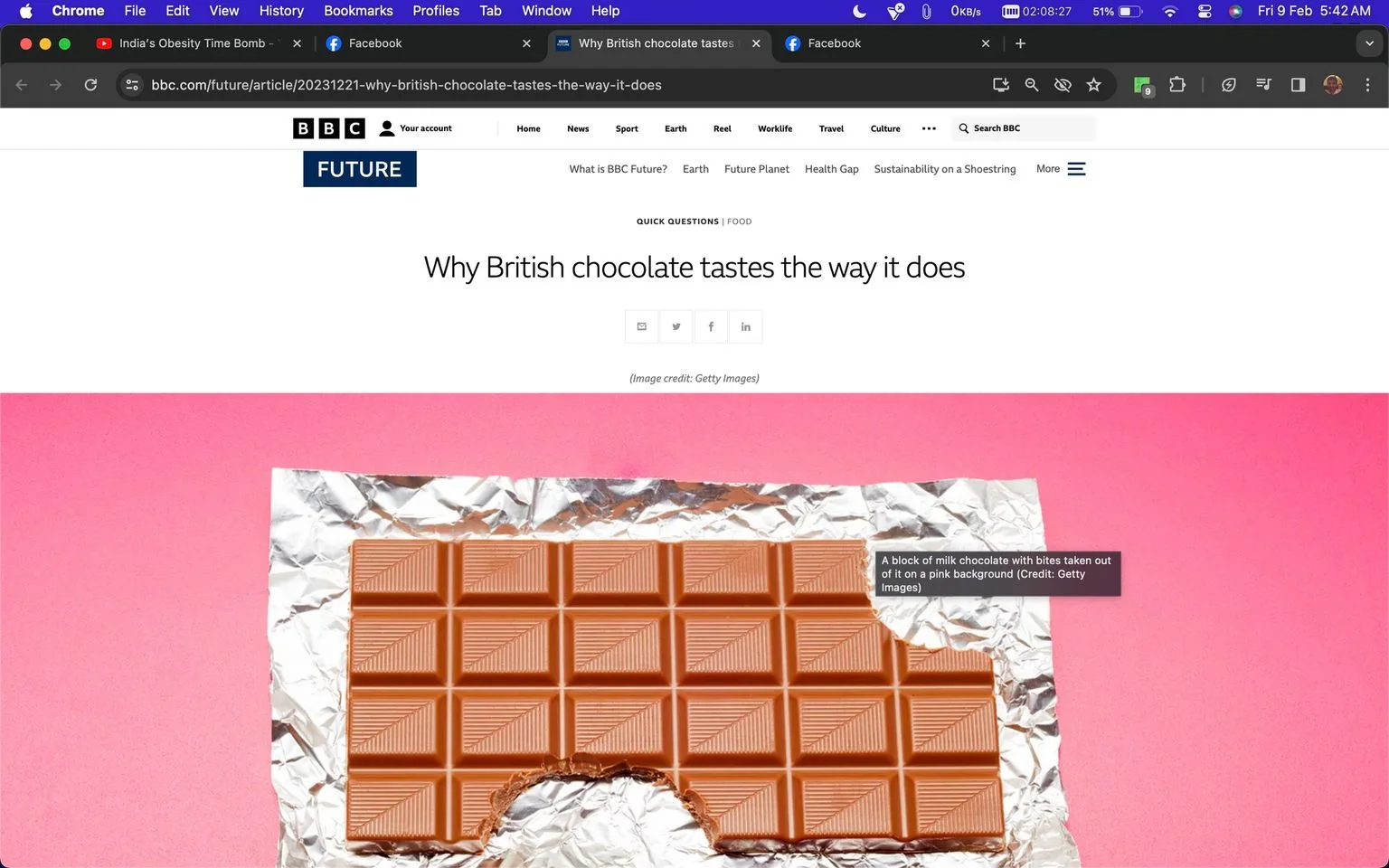 The screenshot captures a webpage from the BBC website, featuring an article titled "Why British chocolate tastes the way it does." The page has a clean and modern design with the BBC Future logo prominently displayed at the top. Below the headline, there's a large image of a block of milk chocolate set against a bright pink background. The chocolate rests on crumpled aluminum foil, and a few bites have been taken out of it, adding a casual and appealing touch to the composition. The layout is visually engaging, with the chocolate's geometric patterns contrasting with the smooth texture of the foil and the vivid pink backdrop. The article appears to delve into the specifics of British chocolate, likely discussing its unique taste and characteristics. The image credits are attributed to Getty Images. This section of the page emphasizes the visual and thematic elements associated with the topic, inviting readers to explore further into the article.