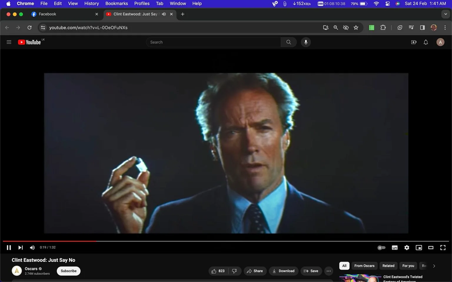 In this YouTube screenshot, Clint Eastwood is prominently featured in a close-up shot. He appears to be in a studio or indoor setting, lit dramatically to emphasize his expression. Clint Eastwood is holding a small object, possibly a cigarette or similar item, between his fingers, suggesting the context might relate to an anti-drug or anti-smoking message. He is dressed in a formal suit and tie, which adds a sense of authority and seriousness to the scene. The lighting highlights his face and hand, casting shadows that enhance the focused, intense mood. The video title "Clint Eastwood: Just Say No" indicates the subject likely involves a campaign or message against drug use. The screenshot is taken from the "Oscars" YouTube channel, which has 2.74 million subscribers. The interface shows typical YouTube elements like the play button, volume control, and video progress bar, suggesting the video is paused at 0:19 seconds. The platform’s interface is visible, including options to like, share, download, or save the video.
- Title: "Clint Eastwood: Just Say No"
- Channel / profile: "Oscars"
- Site / app: "YouTube"