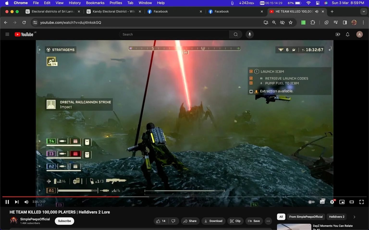 The screenshot depicts a scene from the video game "Helldivers 2," showcasing an intense action sequence. The player character is equipped in futuristic armor and holding a weapon, standing on rugged terrain. The environment is shrouded in a greenish mist, adding to the sci-fi atmosphere, with a large mech-like creature illuminated by a bright, red laser beam in the background. The user interface displays various on-screen elements, including a menu labeled "STRATAGEMS" and options for actions such as "ORBITAL RAILCANNON STRIKE" and "LAUNCH ICBM."
The top of the screen shows navigational details and a timer, indicating mission objectives like "RETRIEVE LAUNCH CODES" and "PUMP FUEL TO ICBM," with a note that "Extraction available." The video title, "HE TEAM KILLED 100,000 PLAYERS | Helldivers 2 Lore," suggests a focus on lore and gameplay strategy. The video is uploaded by the channel "SimplePeepsOfficial" on YouTube, with interface buttons for liking, sharing, and saving the video visible below. The overall color scheme is dominated by dark and muted tones, with the red laser providing a stark contrast.