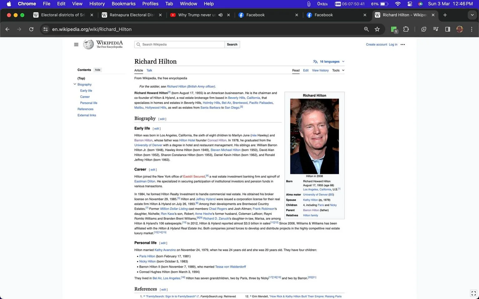 The image is a screenshot of the Wikipedia page for Richard Hilton. It features an infobox on the right with a photo of Richard Hilton taken in 2008. The page's layout is typical for Wikipedia, with sections like "Biography," "Early life," "Career," and "Personal life" clearly delineated. The text provides a detailed account of Hilton's background, including his birth in Los Angeles, education at the University of Denver, and his career in real estate. The infobox provides quick facts such as his birth date, alma mater, spouse, and family connections. The page design is clean and structured, using a white background with black text and blue hyperlinks, common for Wikipedia pages. The top of the browser indicates it is being viewed on Google Chrome, with open tabs shown above the Wikipedia page.