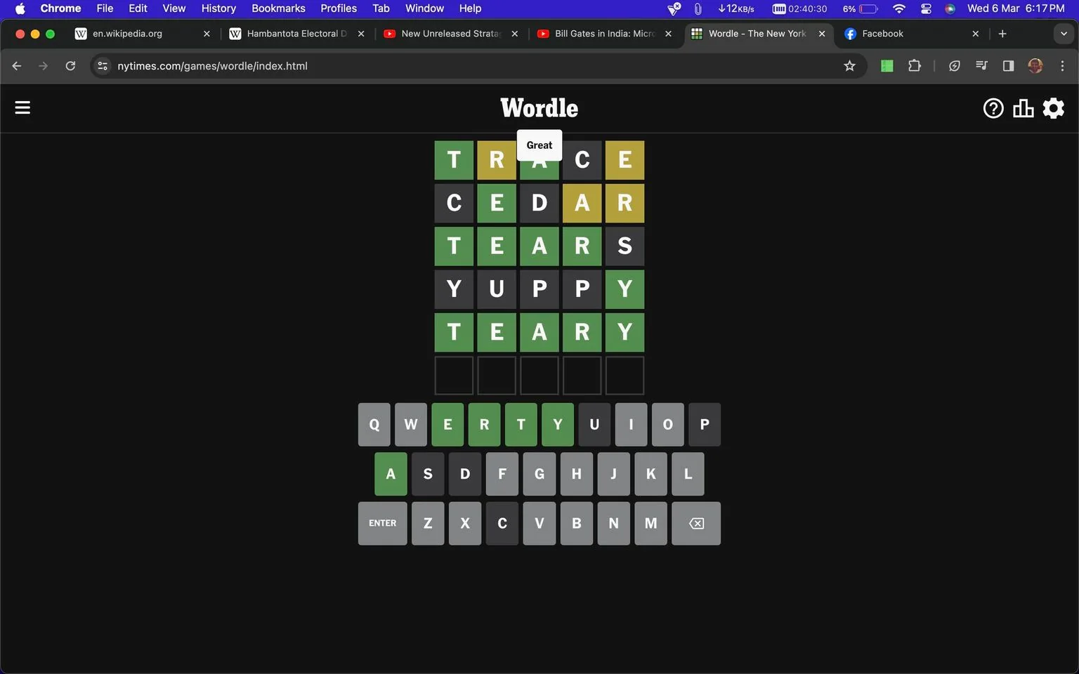 The image is a screenshot of the Wordle game on The New York Times website. The interface displays a completed puzzle with five attempts visible. The word "TEARY" is highlighted at the bottom, indicating it is the correct answer. Above it, previous guesses like "TRACE," "CEDAR," "TEARS," and "YUPPY" are shown, with the letters marked in shades of green and yellow to indicate correct or misplaced letters. The virtual keyboard below shows used letters in green and gray, reflecting their status in the guesses. The background is a dark theme, typical of the Wordle interface, creating a contrast with the bright text and colored tiles. The browser tab is active with multiple tabs open, showing a typical user setup.