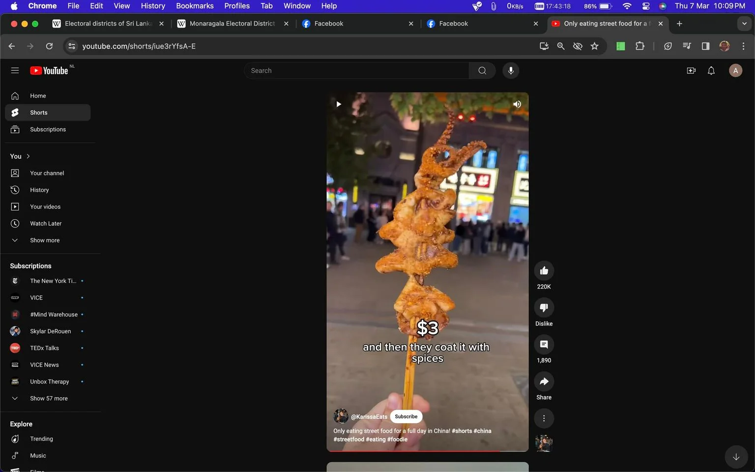 The image is a screenshot from a YouTube Short by the channel @KarissaEats. It shows a street food skewer featuring what appears to be grilled octopus, coated with spices. The setting is a bustling nighttime street scene with bright lights and a crowd in the background, suggesting a vibrant, lively environment. The octopus is skewered and displayed in the foreground, with the price indicated as "$3" in bold white text. The subtitle reads, "and then they coat it with spices," describing the preparation process. The video is tagged with topics such as #shorts, #china, #streetfood, #eating, and #foodie, indicating the content's focus on street food in China. The scene captures the essence of a typical street food experience, with the skewer prominently displayed against the backdrop of urban nightlife.
- Channel / profile: "@KarissaEats"
- Site / app: "YouTube"
- Captions / subtitles: "and then they coat it with spices"