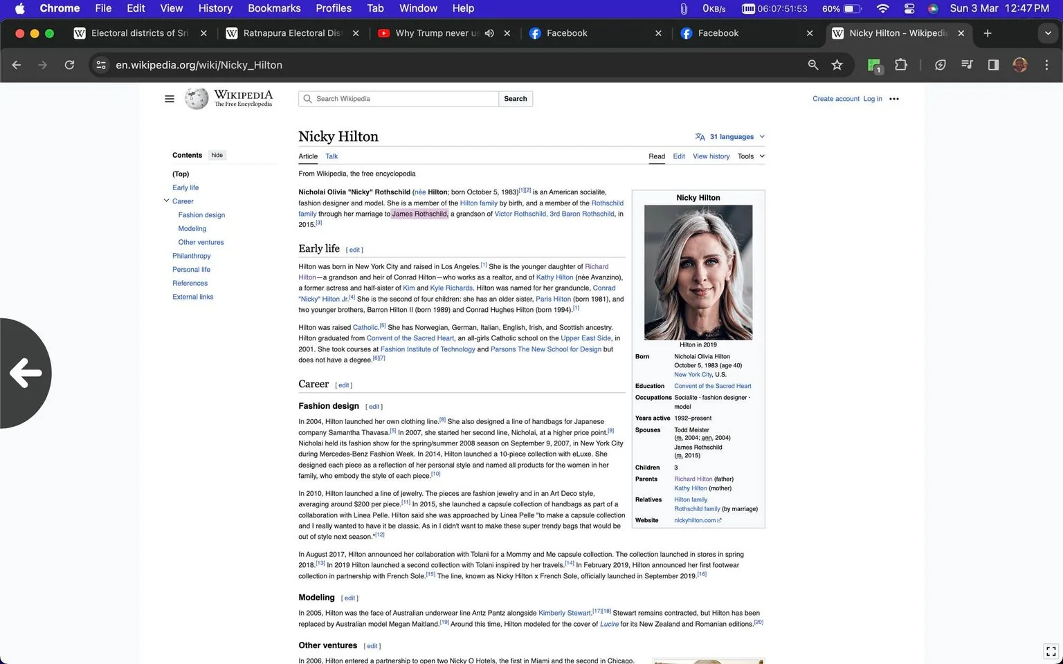 1) Rich description: The image is a screenshot of a Wikipedia page displaying a biography of Nicky Hilton. The page features a portrait of Nicky Hilton taken in 2019, positioned on the right side, showcasing her with long, blonde hair and a composed expression. The background of the photo is soft-focused, emphasizing her features. The text on the page details her full name, Nicholai Olivia "Nicky" Rothschild, and highlights her roles as a socialite, fashion designer, and model. The infobox on the right provides basic information, including her birth date of October 5, 1983, and her education at the Convent of the Sacred Heart. The main text covers various aspects of her life, such as her early life, career in fashion design, and other ventures. The page is structured with sections like "Early Life," "Career," and more, typical of a Wikipedia biography format.
2) On-screen text block:
- Title: "Nicky Hilton - Wikipedia"
- Site / app: "Wikipedia"