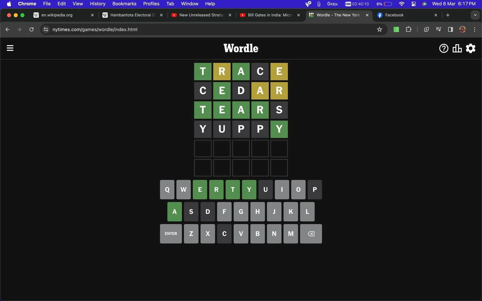 The image is a screenshot of a Wordle game from The New York Times website. The interface features a grid showing the player's attempts to guess the five-letter word. In this particular game, the words guessed are "TRACE," "CEDAR," "TEARS," and "YUPPY."
Each row displays the feedback for the guesses: green squares indicate correct letters in the correct position, yellow squares indicate correct letters in the wrong position, and gray squares indicate incorrect letters. Here, the player has successfully guessed the correct word, "YUPPY," as indicated by the all-green row at the bottom.
Below the grid, a virtual keyboard shows which letters have been used, with green highlighting for correct letters. The webpage features a black background, with the Wordle logo displayed prominently at the top of the game board.
- Title: "Wordle"
- Site / app: "Wordle - The New York Times"