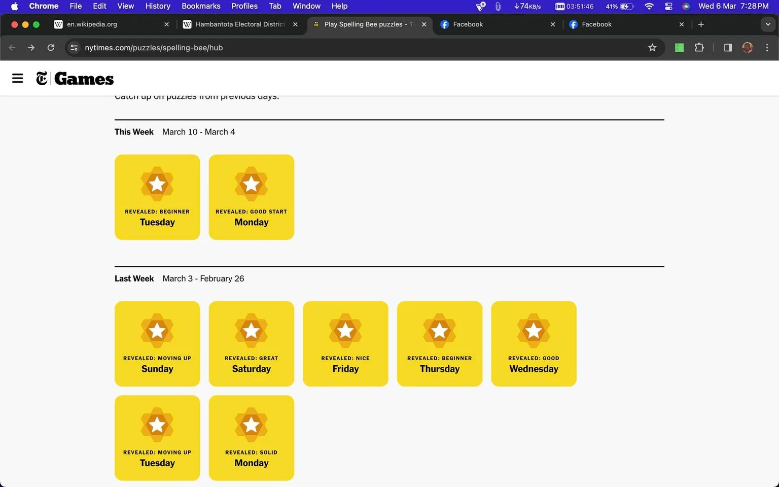 The screenshot shows a web page from The New York Times website, specifically the Spelling Bee puzzles section. The page is divided into two main sections labeled "This Week" and "Last Week," each displaying the progress or results of the Spelling Bee game for various days. The interface uses a consistent design featuring yellow hexagonal icons with a white star in the center, representing different achievement levels such as "Beginner," "Good Start," and "Moving Up."
The top section for "This Week" covers March 10 to March 4, displaying achievements for Monday ("Good Start") and Tuesday ("Beginner"). Below that, the "Last Week" section spans March 3 to February 26, with achievements noted for each day from Monday to Sunday, including levels like "Moving Up," "Great," and "Nice."
The screenshot also includes the browser's interface at the top, showing open tabs and a partial view of a search bar, reflecting a typical user experience on a desktop browser. The visual layout is clean and user-friendly, matching The New York Times' branding style.