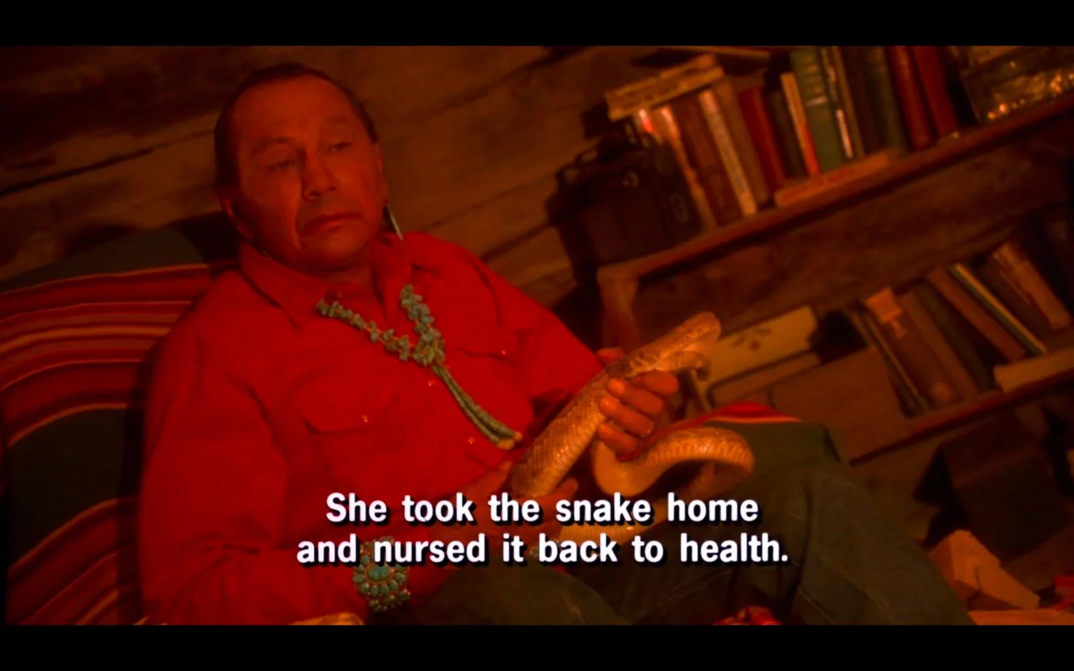 The scene takes place indoors, likely at night, with a warm, dimly lit atmosphere suggesting intimacy and storytelling. The man in the frame is seated comfortably, dressed in a bright red shirt adorned with a striking turquoise necklace, imparting cultural significance or personal style. He holds a light-colored, non-threatening snake in his hands, indicating a level of comfort and familiarity with the creature. Nearby, a shelf filled with books suggests a setting rich in knowledge or personal history.
The composition places the man centrally, his expression contemplative, as if sharing or reflecting on a meaningful story. The background is softly focused, with shadows and warm hues creating a cozy, intimate setting. The subtitle reads, “She took the snake home and nursed it back to health,” hinting at a narrative of care and healing. The overall mood is calm and reflective, emphasizing themes of compassion and connection with nature.