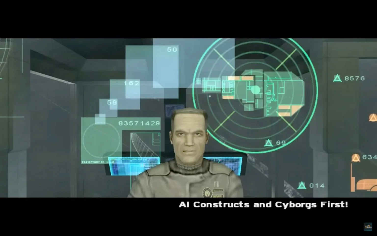 This image is a screenshot likely from the game "Halo," depicting a futuristic control room setting. In the foreground, a computer-generated figure is displayed with a neutral expression, wearing a uniform that suggests a military or scientific role. Behind the figure, multiple holographic displays and digital interfaces are visible, featuring various numerical data and schematic representations. The green tones and circular radar-like graphic lend a high-tech, sci-fi atmosphere.
The text at the bottom of the image reads, "AI Constructs and Cyborgs First!", suggesting a focus on artificial intelligence and cybernetic beings, themes common in "Halo." Additional on-screen text includes "TRAJECTORY FD: HALO," indicating a connection to the game's narrative. The combination of digital overlays and the character's formal appearance create an immersive depiction of advanced technology and strategic planning within the game's universe.