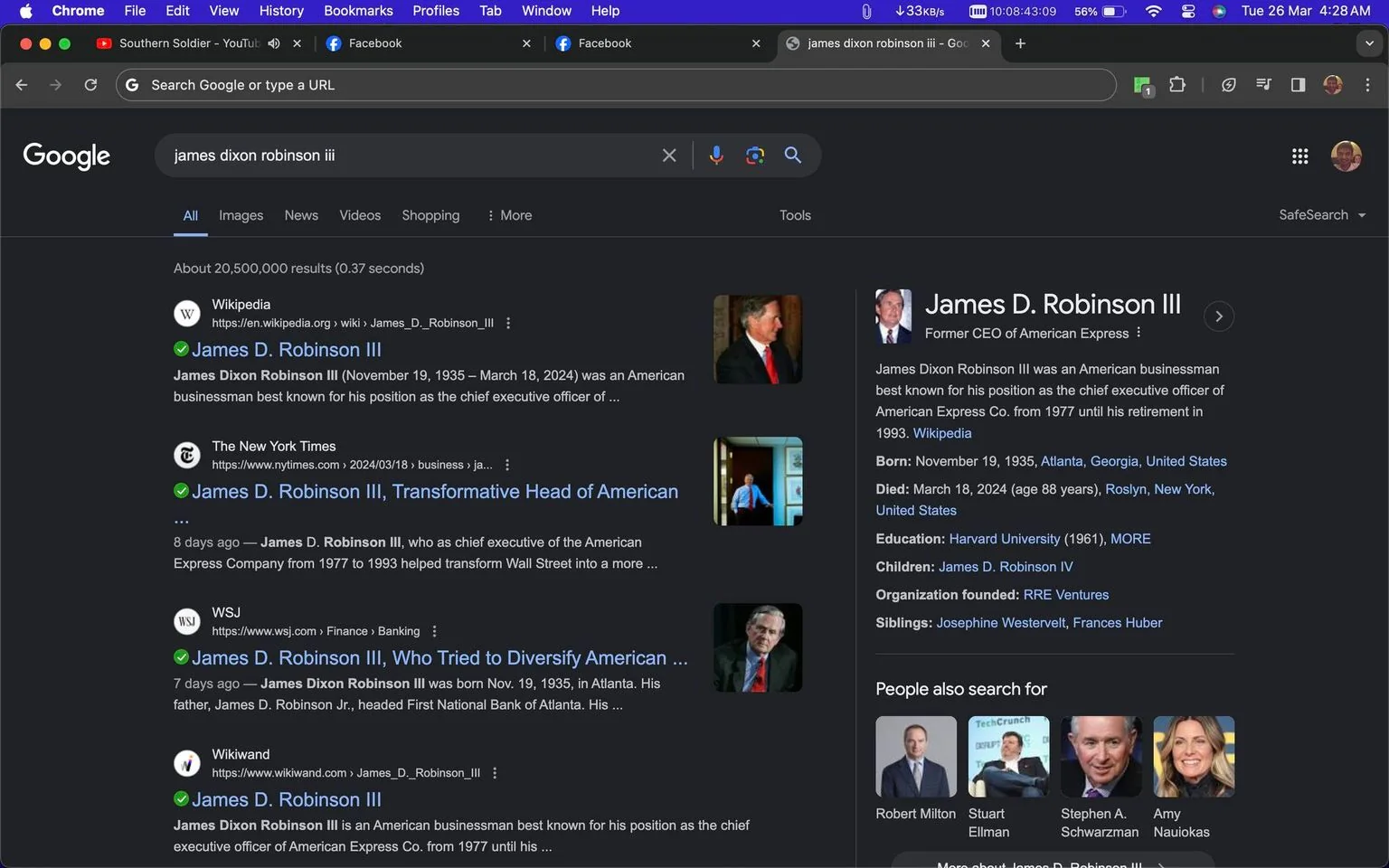 The image is a screenshot of a Google search result page for "james dixon robinson iii." The screen is displayed in dark mode, typical for nighttime browsing, which gives the page a dark background with light text. At the top, the search query is visible in the search bar. Below it are several search results related to James D. Robinson III, who is identified as a former CEO of American Express. Each search result includes a brief description and links to sources like Wikipedia, The New York Times, and The Wall Street Journal.
To the right, a knowledge panel provides detailed information about James D. Robinson III, including his birthdate, November 19, 1935, and his death on March 18, 2024. It mentions his education at Harvard University and his role in founding RRE Ventures. His siblings, Josephine Westervelt and Frances Huber, are also noted.
Images accompanying the search results show James D. Robinson III in various professional settings, dressed in formal suits, reflecting his business background. The layout is typical of a Google search result page, with a clean design focused on text and small thumbnail images.